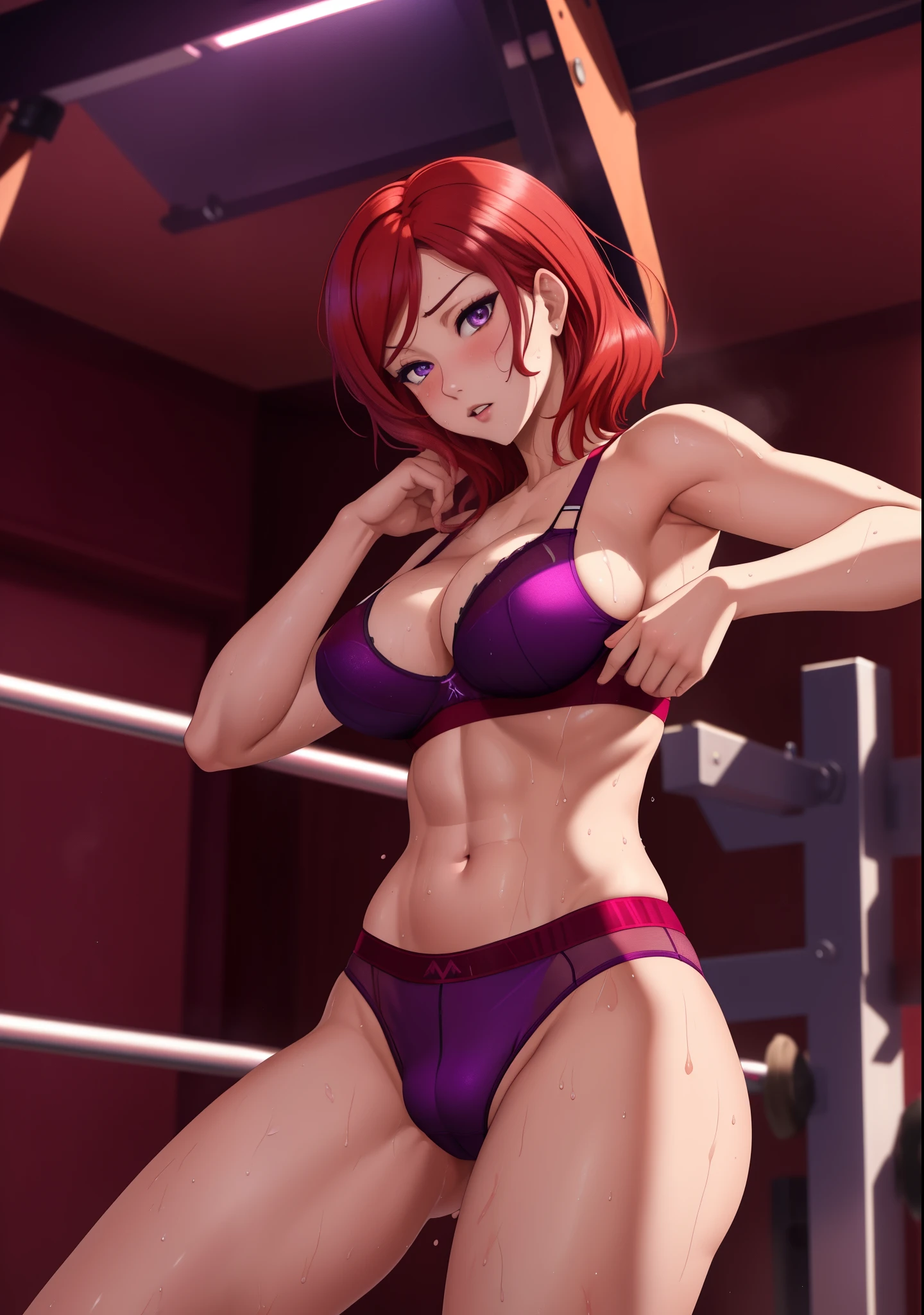 Masterpiece, best quality, nishikino maki , purple eyes, red hair,disappearing transparent gym bra, detailed body part details, 8k wallpaper,  thong, tight gym bra,cleavage, toned stomach, moist , exposed armpits, exposed groin, exposed pubis, sweating 