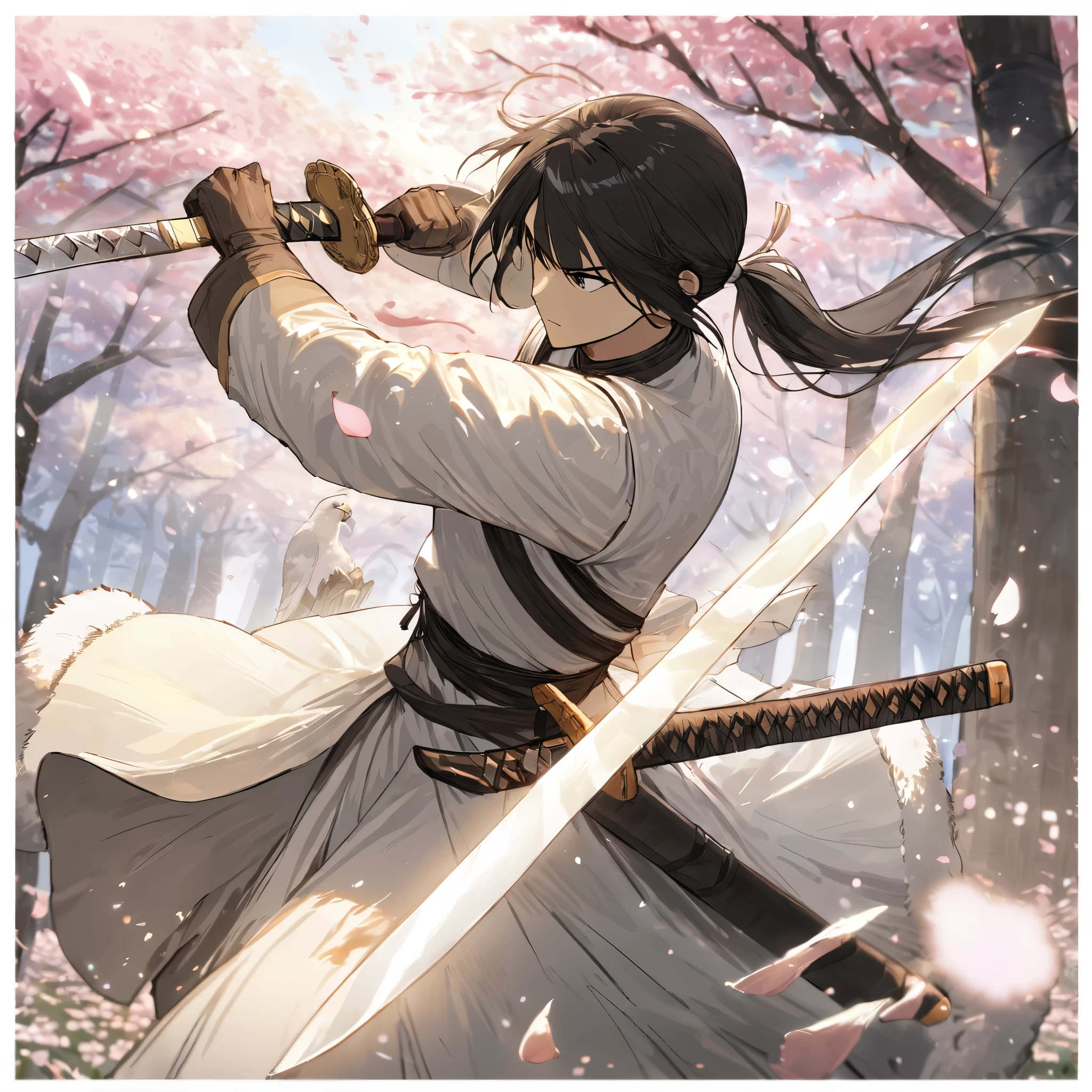 (dress in white),Petals fluttering in the wind, shining swords, helpless expression, anger, fighting with death, very detailed expression, very detailed petals,ponytail, 2swordsman fighting,fight,gongfu,stand in trees, 2swordsman stood in a peach tree forest with petals dancing,petals , detailed ,completing the stable diffusion of serenity and contentment,masterpiece, best quality,masterpiece, best quality, swordman,holding a sword(trees:0.5),(eagle:0.5), (bamboo:0.2) fighting stance, 1man, glowing, solo, weapon, sword, tree, holding, gloves, outdoors, sheath, border, holding weapon, black hair, holding sword, fur trim, looking away,look at view