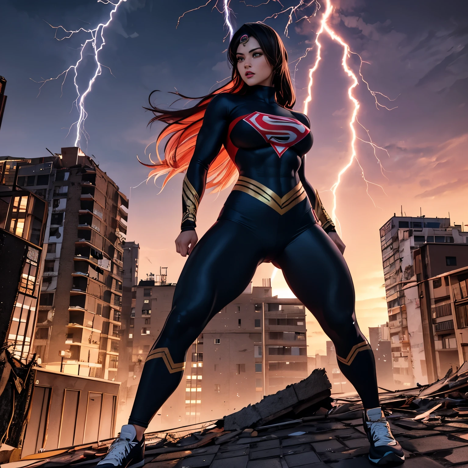 (anime, 3D rendering, high-res),super detailed,Female,Asian Malaysian SuperWoman,fierce and determined expression,strong and muscular physique,beautiful almond-shaped eyes,bold and defined eyebrows,long and voluminous lashes,rosy cheeks,rosy lips,athletic outfit with the symbol of the uniform with Hijab,fighting on a rooftop at sunset,akimbo pose,surrounded by fierce winds and lightning bolts,crumbling buildings in the background,dark and intense color palette,dramatic and dynamic lighting,high contrast and deep shadows,embodying strength and resilience,gorgeous and empowering artwork.
