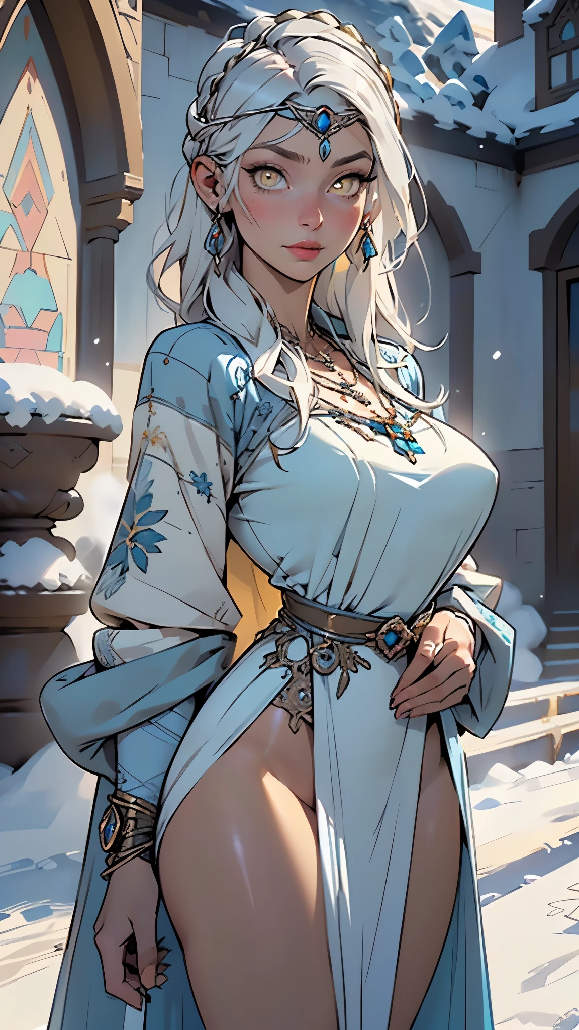 woman,1female,((milf,mom,mature,mature woman,45 years old female,adult)),(large breasts:1.5),saggy breasts,(((white hair:1.4,straight hair,long hair:1.4,colored inner hair))),((yellow_eyes:1.3)),intricate eyes,beautiful detailed eyes,symmetrical eyes,((((dark skin:1.4,lustrous skin:1.5,bright skin: 1.5,skin tanned,shiny skin,very shiny skin,shiny body,illuminated skin)))),(spider lower abdomen,narrow waist,wide hip,????? body,inflated legs,thick thighs,delicate detailed fingers),(((detailed face))),

cute,slutty,sensual,seductive look,seductive,((??????)),opulent,sumptuous,longingly,((nsfw)),

queen,goddess,fantasy,(beautiful nordic clothes,light blue silk),((strapless light blue dress,very long light blue skirt,light blue dress)),(light blue clothes),(((necklace with an amulet,intricate necklace,nordic jewelry,detailed outfit,silver headdress with precious stones))),cleavage,((eyeshadow,elegant makeup,eyelid makeup, lipstick)),((Transparent cloth:1.1)), (((Sexy blue fur coat, blue fur coat outfit, wearing a blue fur coat:1.3,winter blue coat))),silver bracelets,(((intricate outfit,intricate clothes,embroidered outfit,ornate outfit,embroidered clothes,ornate clothes))),

(dynamic pose:1.0),embarrassed,(centered,scale to fit dimensions,Rule of thirds),

((Asgard in the snow)),scenery:1.25,((intricate scenery)),((Asgard in the snow background)),(Asgard:1.5),

(Glossy nordic ornaments),highres,sharp focus,(ultra detailed,extremely detailed),(photorealistic artwork:1.37),(extremely detailed CG unity 8k wallpaper),(((vibrant colors,vibrant theme))),(intricate),(masterpiece),(best quality),artistic photography,(photography taken by sldr),(intricate background),perfect rendered face,perfect face details,realistic face,photo realistic,((intricate detail)),(((realism))),
((baby face,intense colors)),