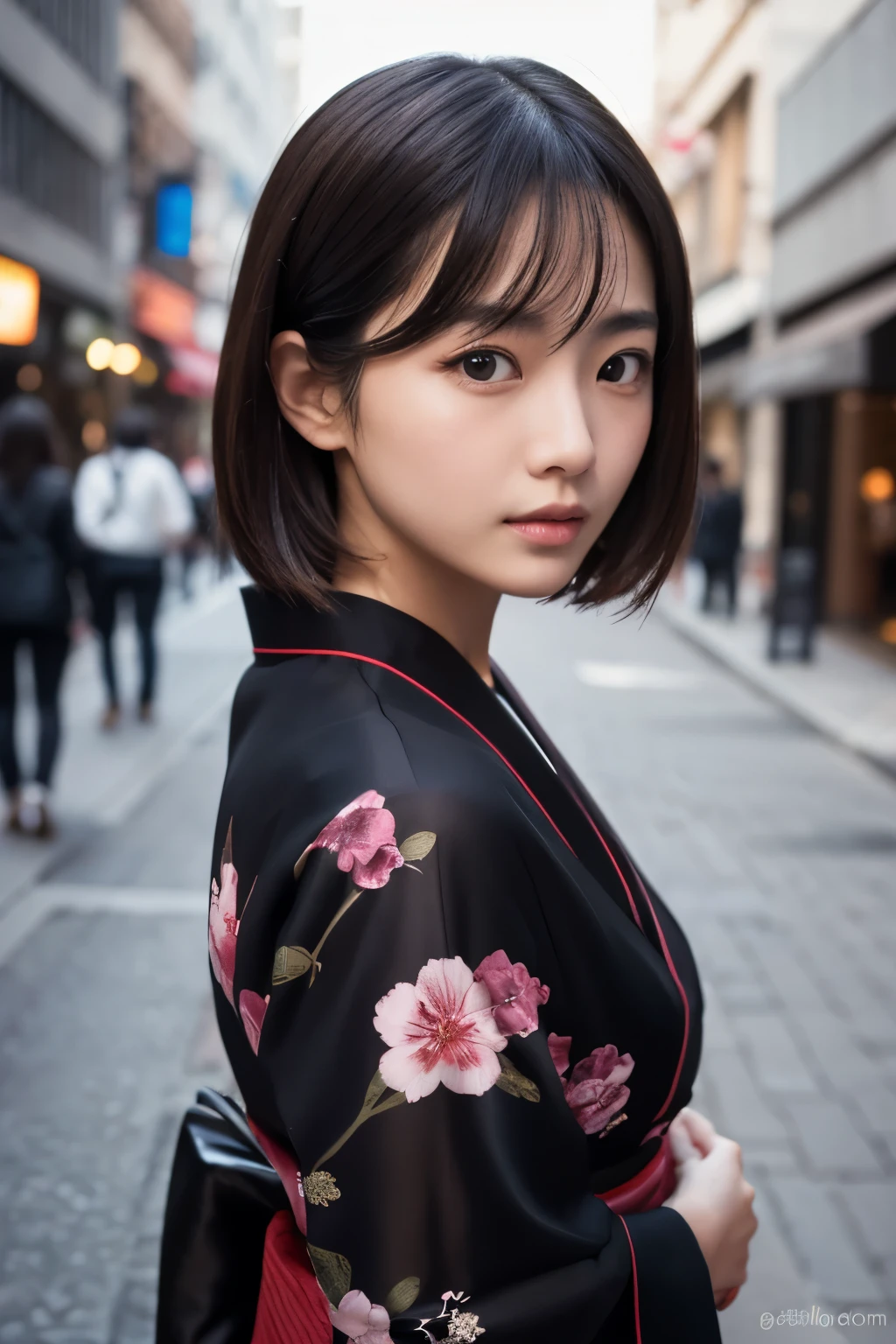Beautiful Japanese supermodel woman, A lock of hair with slight highlights, black eyes, Sexy,street background,Gorgeous kimono , Liquid color flows across her face, Shooting against the light,Perfect facial lighting,mixed media