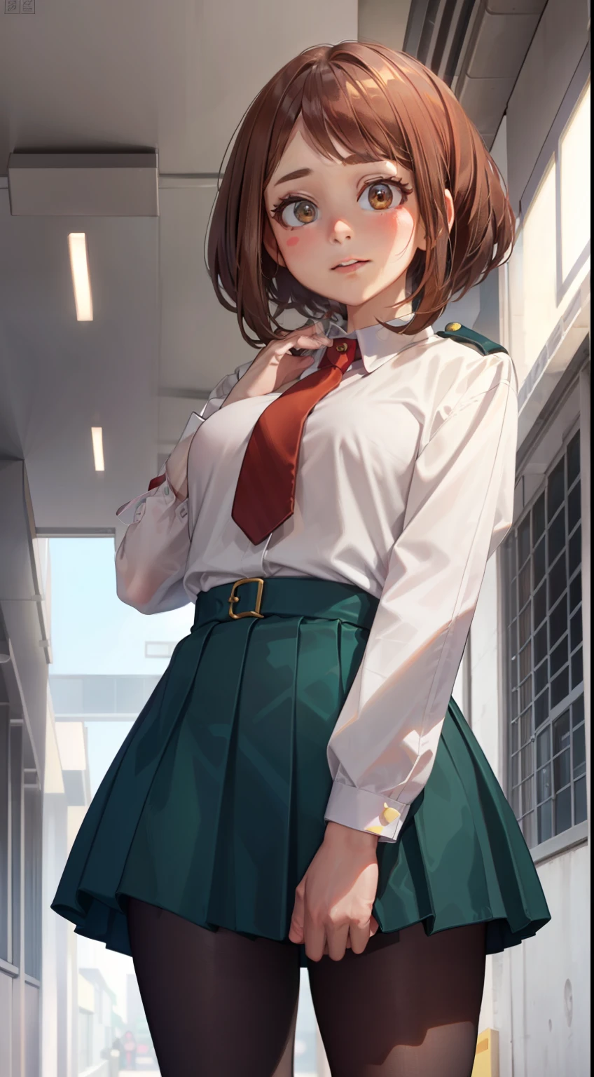 Ochaco is a short girl with a curvaceous figure, realistic,real person,detailed face、Fair skin, reddish-brown hair with eyes that match the color,. She has a permanent pink blush on her cheeks, and彼女の目は大きくて丸く、Thick upper eyelashes, Two more lines on each side that stand out.、and少数ですがより個別に目立つ下まつげ. Her hair is shoulder-length、Bangs are short, and、Style is bobbed with two long strands surrounding her face. She is small, thick pads on the fingertips, resembling figures on the paws of animals,; She uses these when activating and deactivating Quirk.In school, She wears a regular U.be. Schoolgirls Uniform. Topped with a grey dress jacket, Two teal stripes, Two creased pockets, and two golden buttons. Under, She wears a white dress shirt, small red tie, golden button, andティールプリーツスカート. she also、Instead of the usual knee-high socks worn by most other schoolgirls、Wearing brown dress shoes and black leggings.