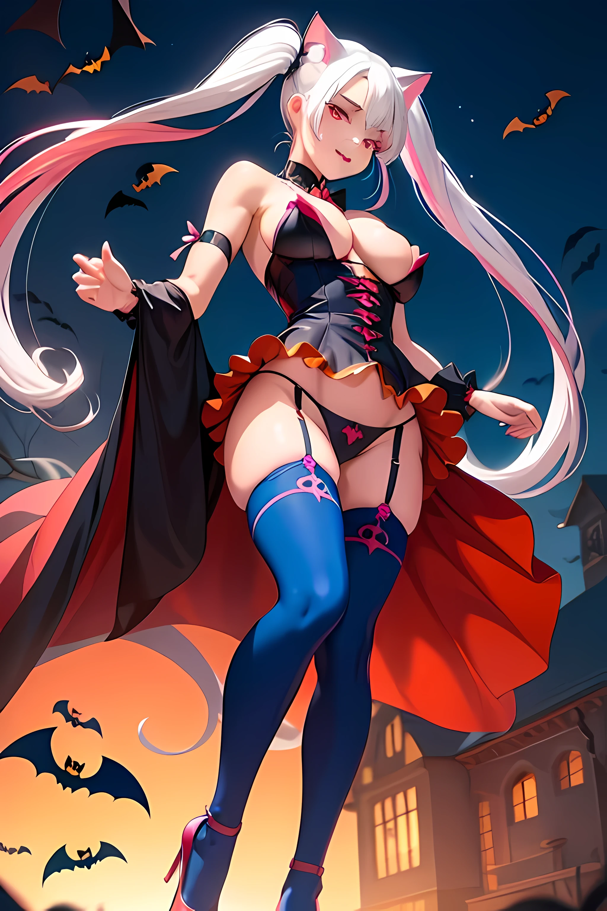 (obra de arte), Melhor qualidade, olhos expressivos, rosto perfeito, olhos vermelhos, evil smile, mulher madura, gato, peituda , (Asymmetrical socks, Roupa de Halloween), (cabelo twintails branco com mechas azuis e rosa), ((De baixo)), corpo todo