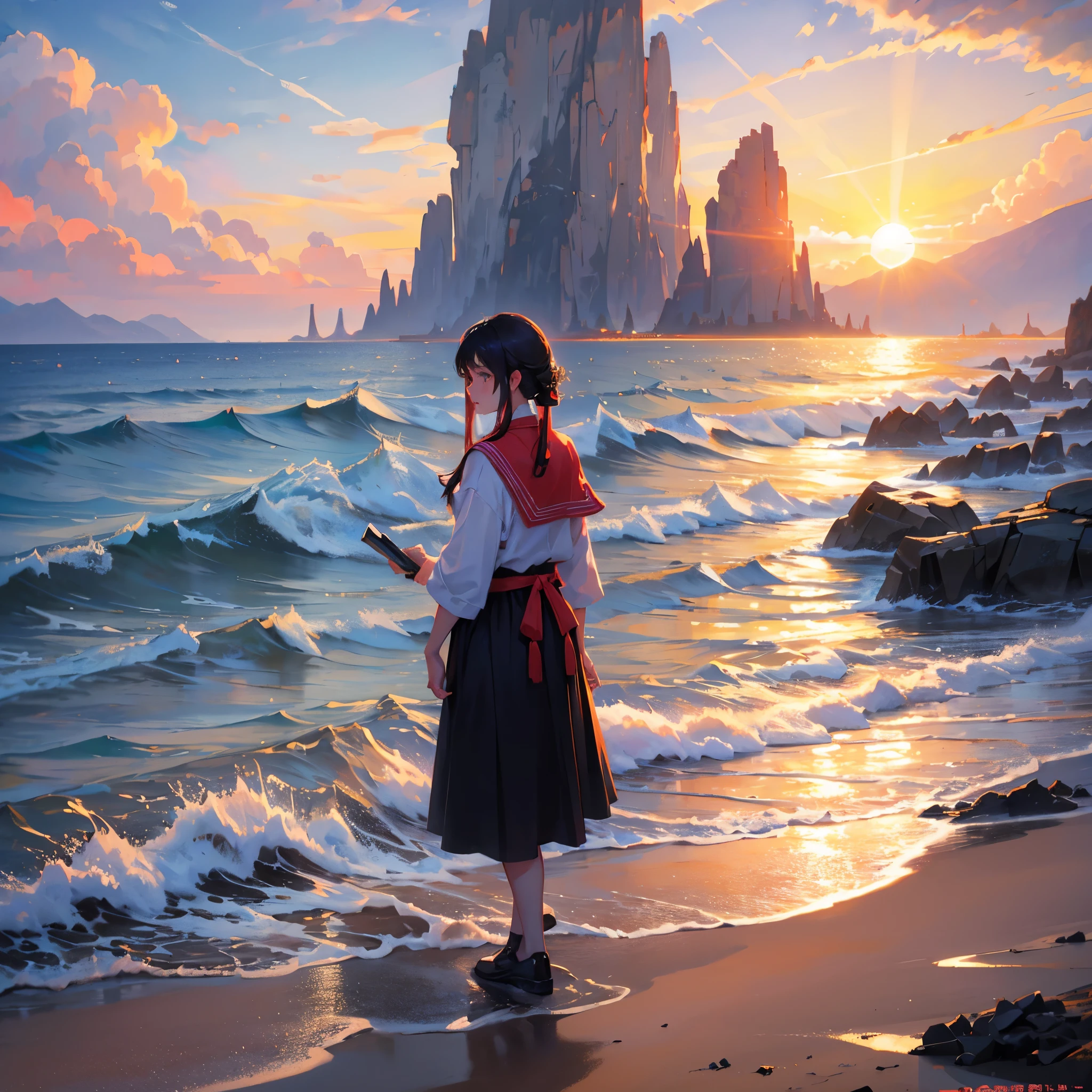 A landscape poster,plain background,beach,evening,sunset,sunset,Huoshaoyun,((masterpiece)),((best quality)),8K,HD