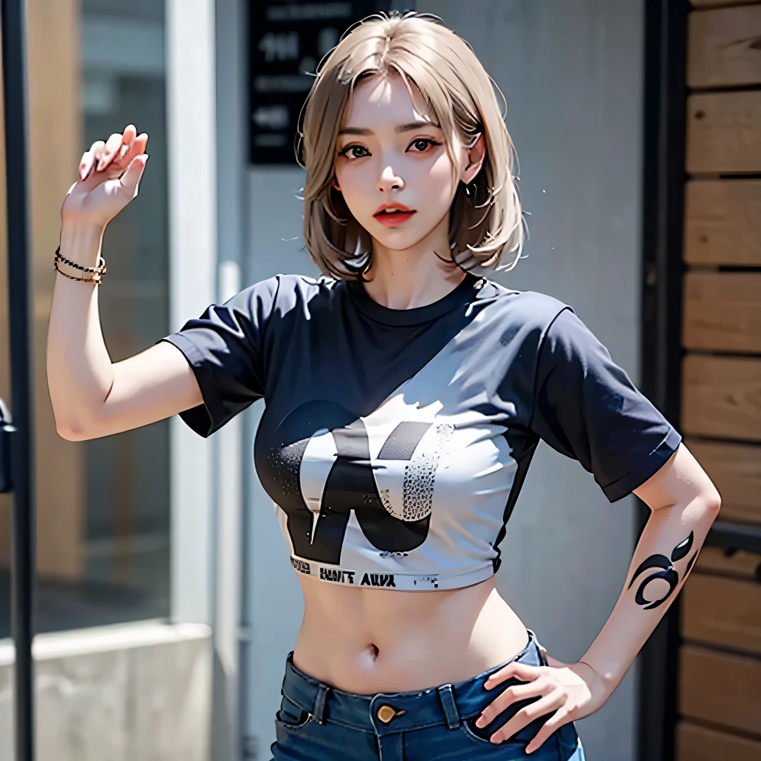 realistic, High resolution, 1 female, mature woman, alone, hip up, jewelry, tattoo, streetwear, T-shirt, gray hair, hot pants, sports boos