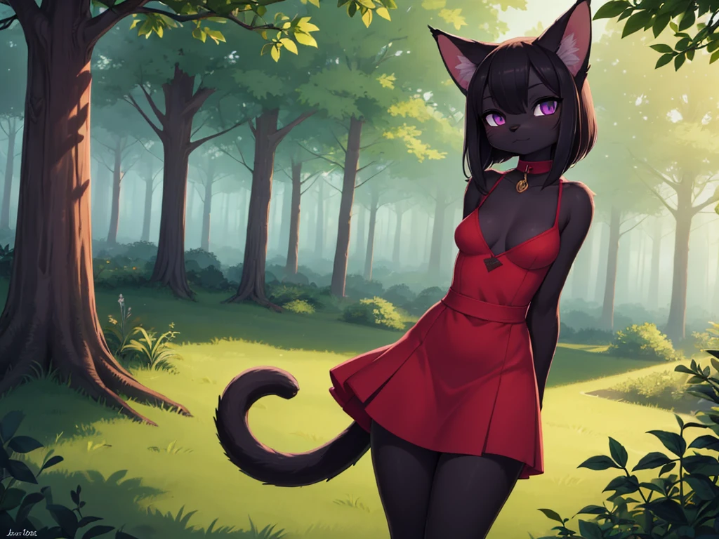 1girl, anthropomorphic domestic cat, 21 years old, black fur, small breasts, bright purple eyes, red dress, outside, forest path, high res, masterpiece, looking very shy, arms behind back, cute, by themself.