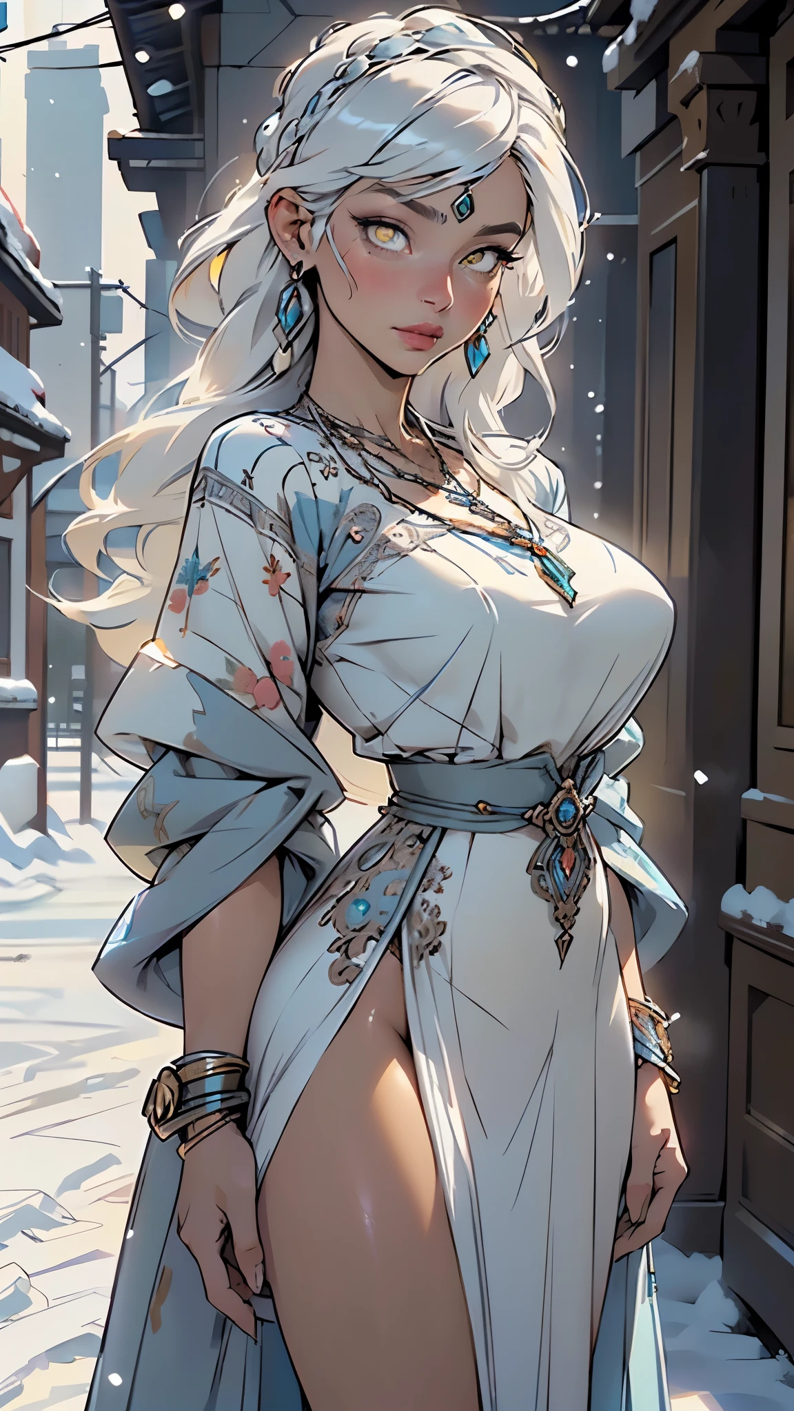 woman,1female,((milf,mom,mature,mature woman,45 years old female,adult)),(large breasts:1.5),saggy breasts,(((white hair:1.4,straight hair,long hair:1.4,colored inner hair))),((yellow_eyes:1.3)),intricate eyes,beautiful detailed eyes,symmetrical eyes,((((dark skin:1.4,lustrous skin:1.5,bright skin: 1.5,skin tanned,shiny skin,very shiny skin,shiny body,illuminated skin)))),(spider lower abdomen,narrow waist,wide hip,bimbo body,inflated legs,thick thighs,delicate detailed fingers),(((detailed face))),

cute,slutty,sensual,seductive look,seductive,((erotic)),opulent,sumptuous,longingly,((nsfw)),

queen,goddess,fantasy,(beautiful nordic clothes,light blue silk),((strapless light blue dress,very long light blue skirt,light blue dress)),(light blue clothes),(((necklace with an amulet,intricate necklace,nordic jewelry,detailed outfit,silver headdress with precious stones))),cleavage,((eyeshadow,elegant makeup,eyelid makeup, lipstick)),((Transparent cloth:1.1)), (((Sexy blue fur coat, blue fur coat outfit, wearing a blue fur coat:1.3,winter blue coat))),silver bracelets,(((intricate outfit,intricate clothes,embroidered outfit,ornate outfit,embroidered clothes,ornate clothes))),

(dynamic pose:1.0),embarrassed,(centered,scale to fit dimensions,Rule of thirds),

((Asgard in the snow)),scenery:1.25,((intricate scenery)),((Asgard in the snow background)),(Asgard:1.5),

(Glossy nordic ornaments),highres,sharp focus,(ultra detailed,extremely detailed),(photorealistic artwork:1.37),(extremely detailed CG unity 8k wallpaper),(((vibrant colors,vibrant theme))),(intricate),(masterpiece),(best quality),artistic photography,(photography taken by sldr),(intricate background),perfect rendered face,perfect face details,realistic face,photo realistic,((intricate detail)),(((realism))),
