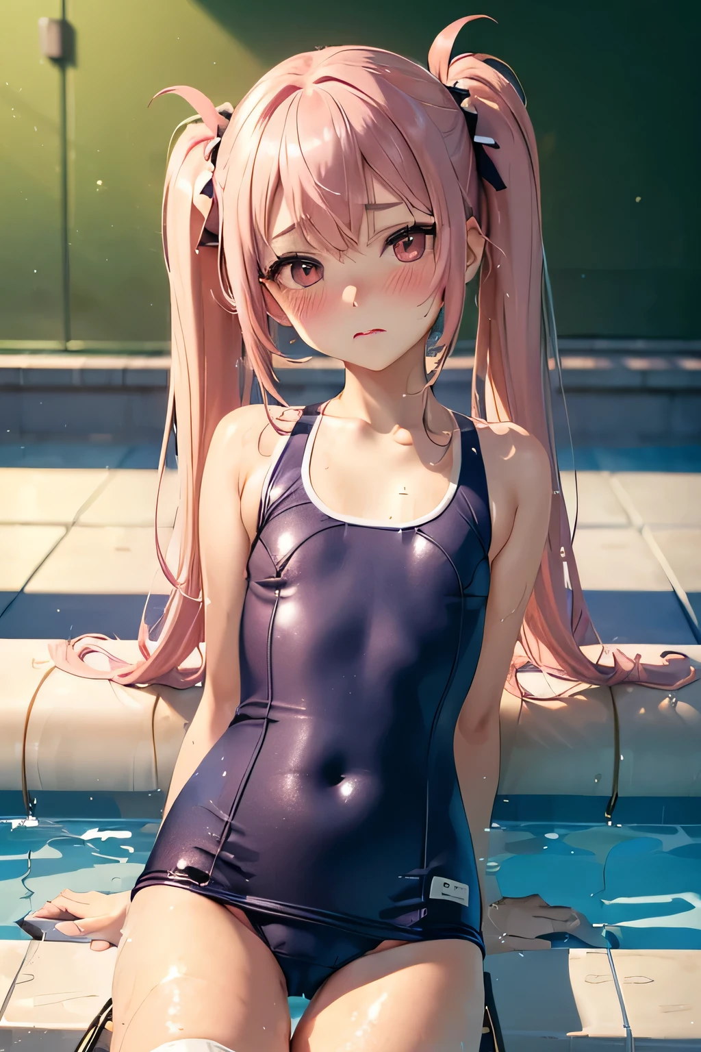 NSFW,pieces fly,masterpiece,highest quality,Super detailed,High resolution,8K portrait,unity,8k wallpaper high definition CG,shiny skin,(10 :1.3),(change:1.3),(1 girl),beautiful clear eyes,very detailed explanation,delicate face,nice lips,slender body,thin waist,thin legs,(school poolside:1.5),cute type,perfect face,seriously,(blush:1.5),(pink hair twintails:1.3),((flat chest:1.3)),(navy blue school swimsuit:1.3),((Orgasm in the vagina:1.3)),(nip slip:1.5