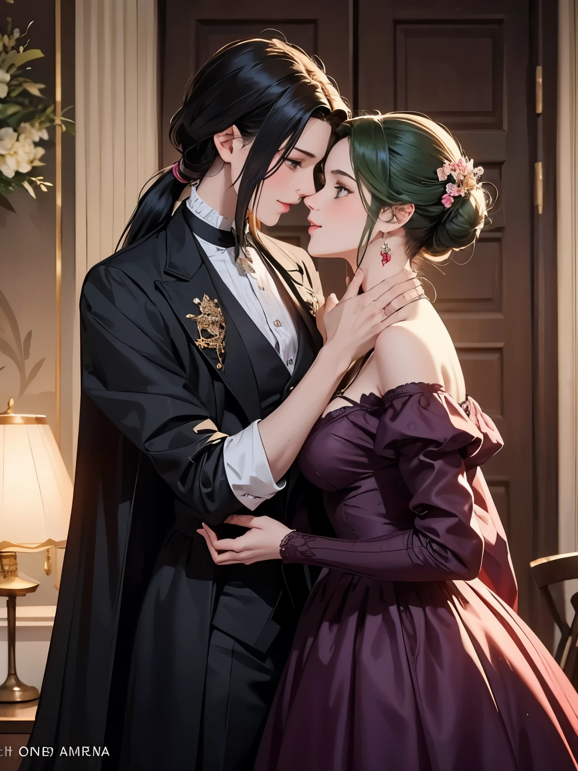 Crea la portada de un libro sobre dos lesbianas, lovers and lovers in the Victorian era, hay dos mujeres: una tiene el cabello celeste, largo y suelto hasta sus caderas, sus ojos son verdes y lleva un gran vestido de princesa color perla y rosado junto con algunas joyas, At her side is another taller woman dressed as a man with long black hair tied in a low ponytail dressed as a Count like a knight.. Both smiling while one kisses the other&#39;s hand, staring at each other with a loving smile., In the background there is a large ballroom and some flowers. 