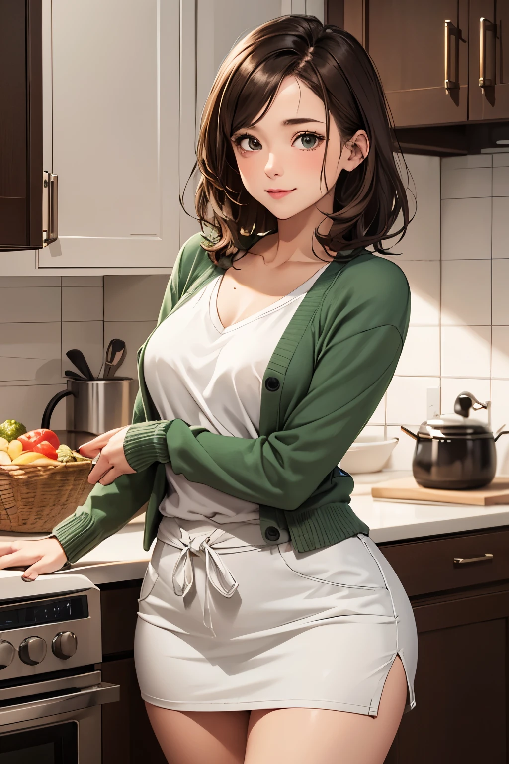 Green cardigan and casual T-shirt, white miniskirt, mature woman, medium chest, big waist, curvy, medium-length brown hair, in the kitchen, blushing, shy, embarrassed expression, staring at me,