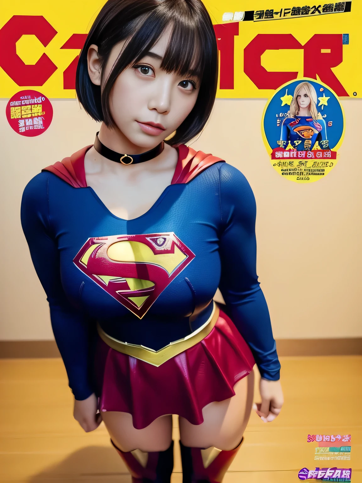 masterpiece、supergirl costume、short hair、enamel boots、big and full breasts、standing posture、Athlete body type、shiny、long sleeve、looking at camera、choker、red mini skirt、Weekly magazine cover、Sculpture Magazines、sweaty、lower body portrait、from right in front、Crisis situation、