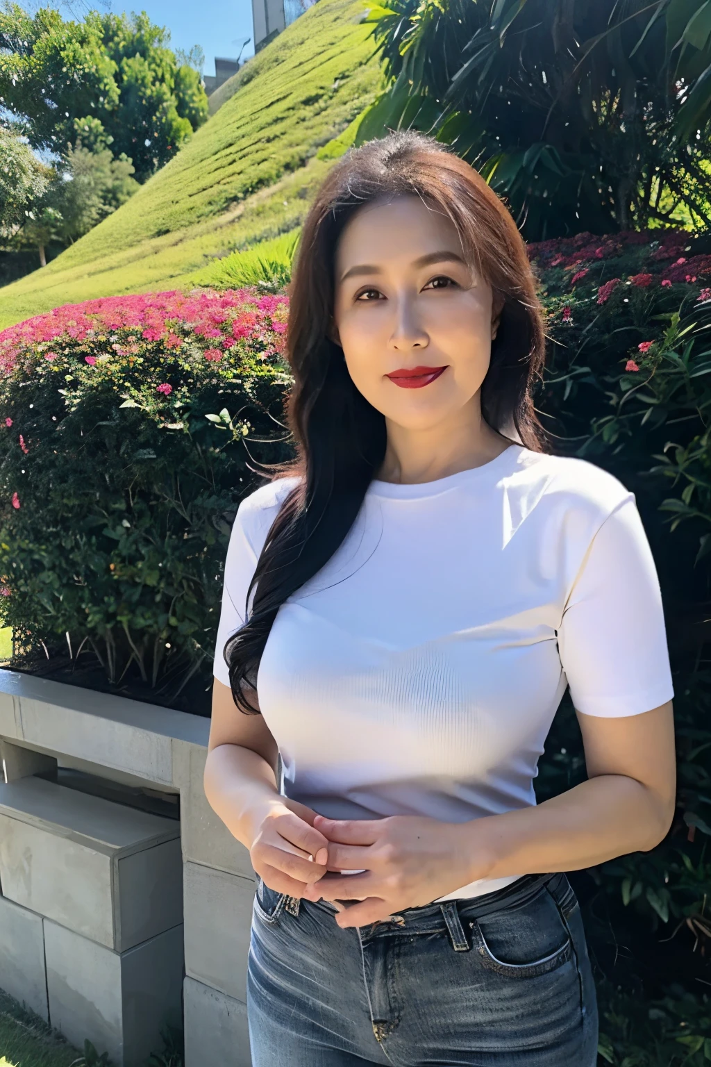 Draw lips correctly, red lipstick, from chest up, best quality, Super detailed, lifelike, Super fine skin, perfect anatomy, (1 日本Mature的女人), (alone),Wear a white crew neck shirt,short sleeves,blue jeans,,wavy long hair,37-year-old female,Mature,charming smile,garden background,stand up,Leg length,Chubby body,Big breasts,full-body shot