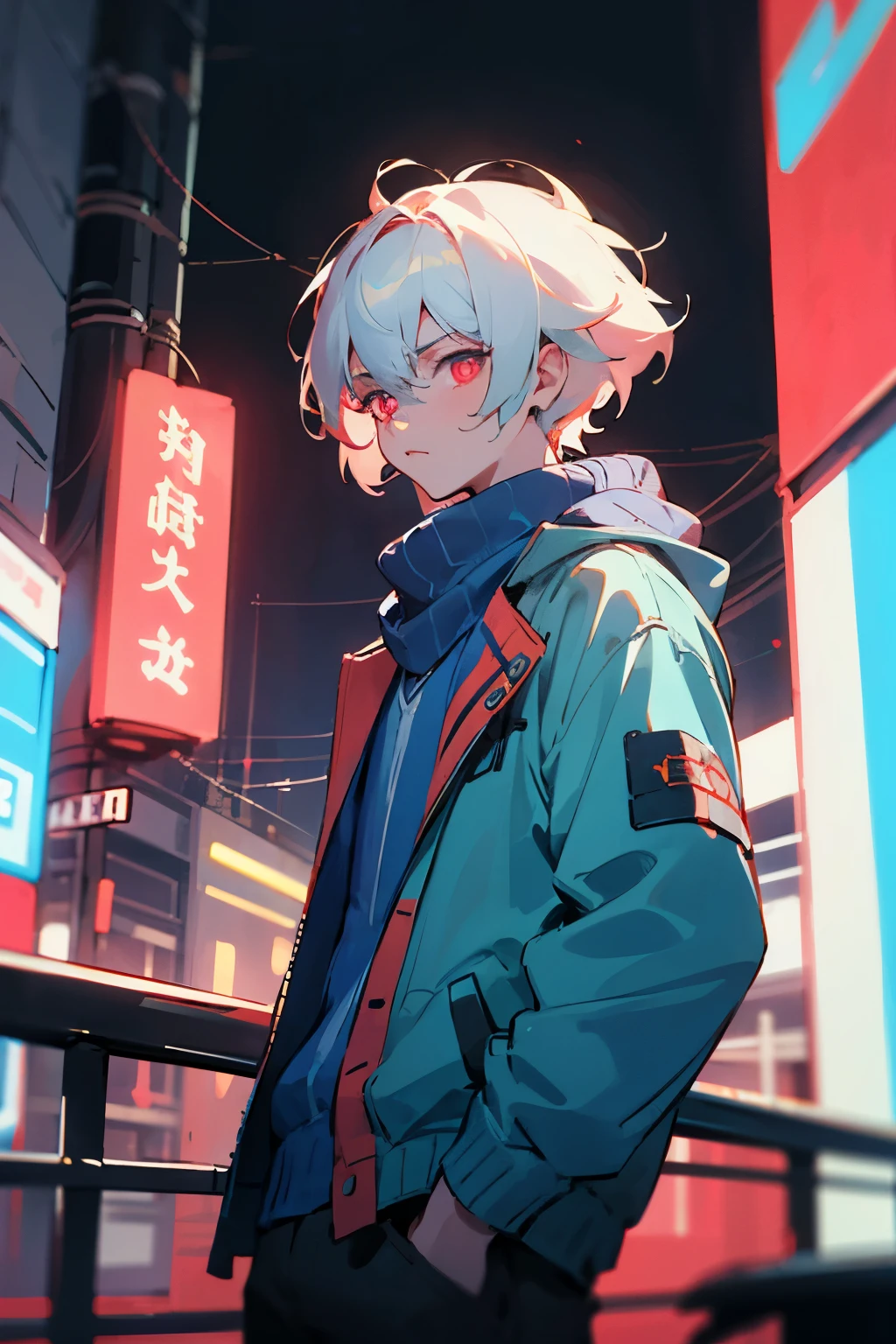 un chico joven anime, in a neon city, blue sweater jacket, bufanda roja, color de pelo cafe oscuro, con orejas de gato, ojos rojos, 8K, guerra, neon lights