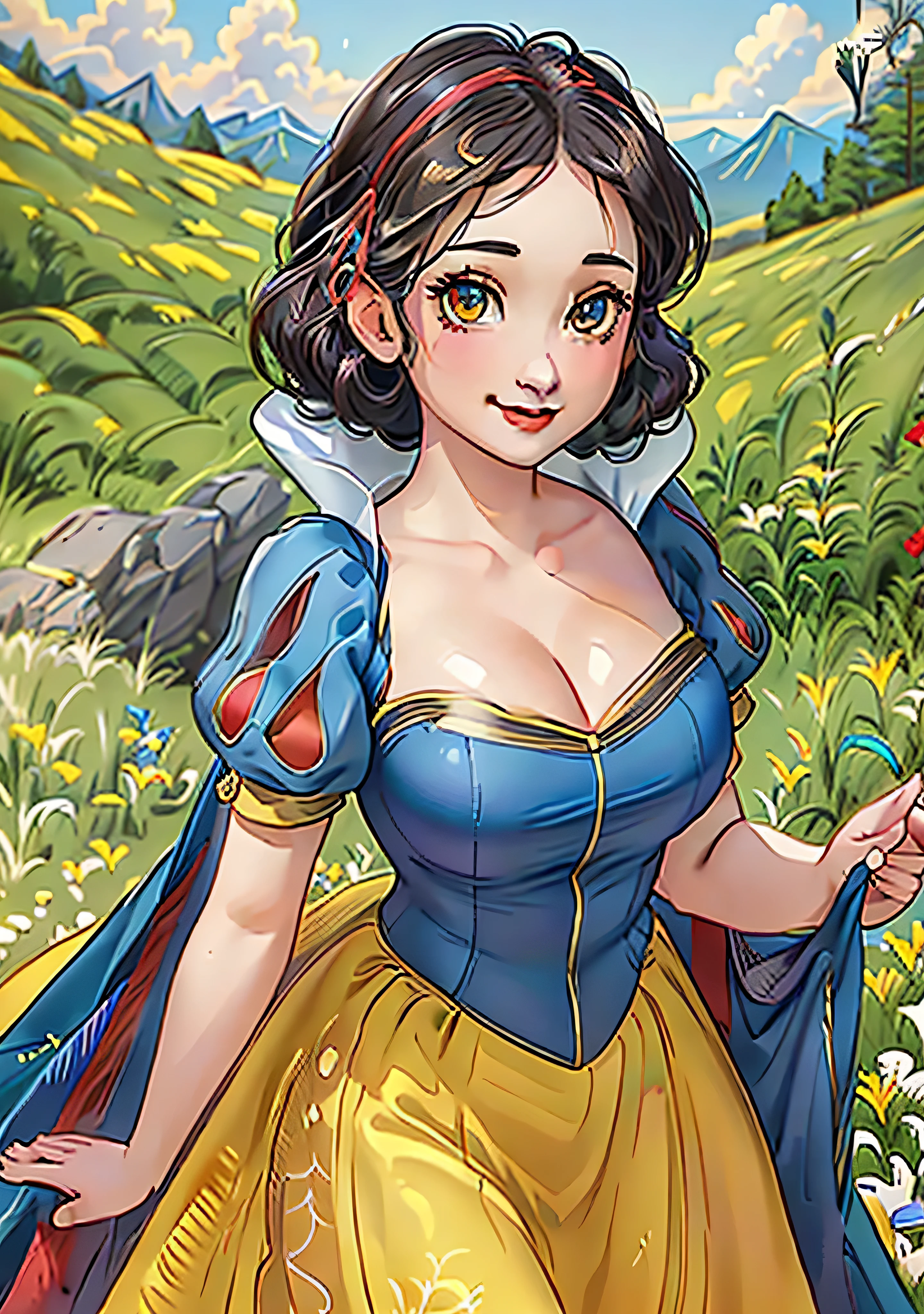 SnowPrincessw, 1girl, smiling, sexy, looking at viewer, blue dress, puffy sleeves, yellow skirt, red ribbon atop head, seen from below, magic, sexy pose, big breasts, cleavage, curvy, big eyes, cute, thick thighs, low cut top, realistic, realism, masterpiece, best quality, ultra detailed, 8k, 4k, intricate, full body shot, cowboy shot, 85mm, light particles, lighting, highly detailed, detailed face, gradients, colorful, detailed eyes, detailed ladscape, castle, field, grass, mountains, flowers, sky, clouds, detailed background, detailed landscape, dynamic angle, dynamic pose, line of action, wide shot, daylight, solo