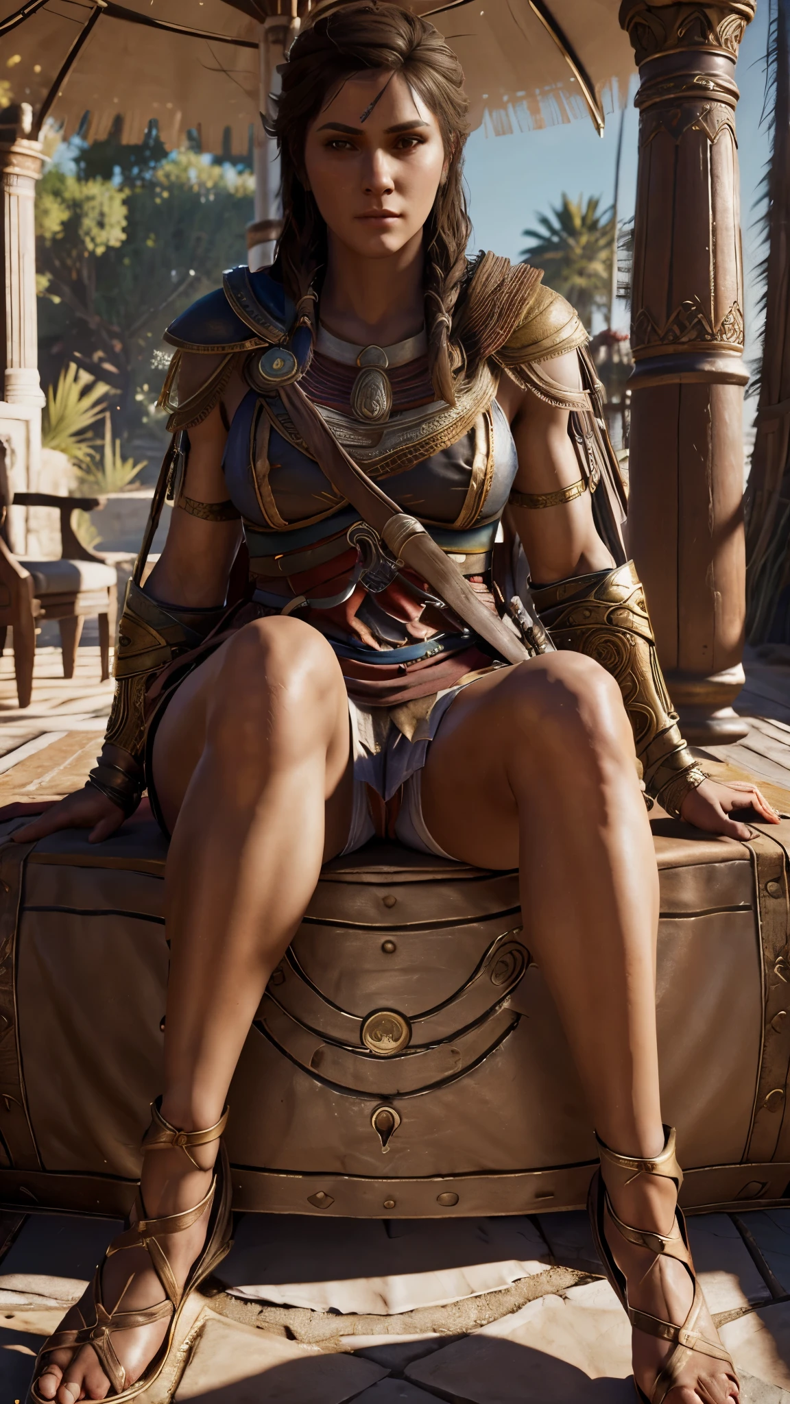 Very nsfw, extremely detailed Kassandra Assassin's Creed Universe sexy pose, revealing clothing, sitting down, looking deep in to the viewers eyes, legs spread open, 