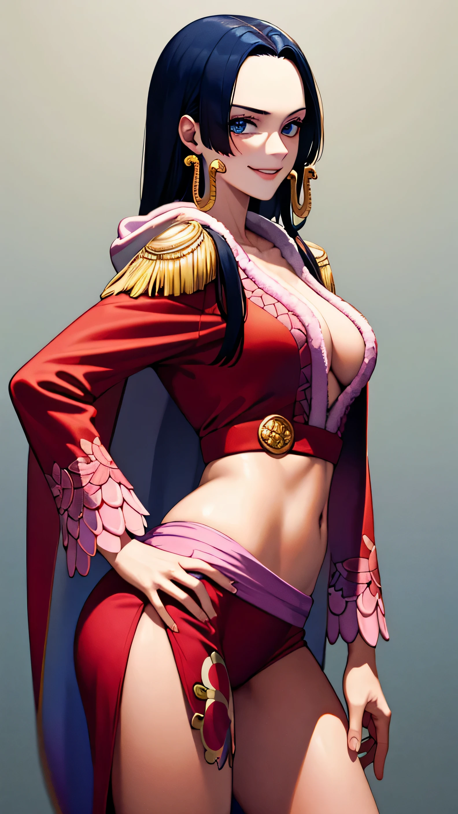 (masterpiece, best quality:1.2), cowboy shot, solo, 1girl, boa hancock, smile, looking at viewer, hand on hip, hodie, epaulettes, jewelry, earrings,