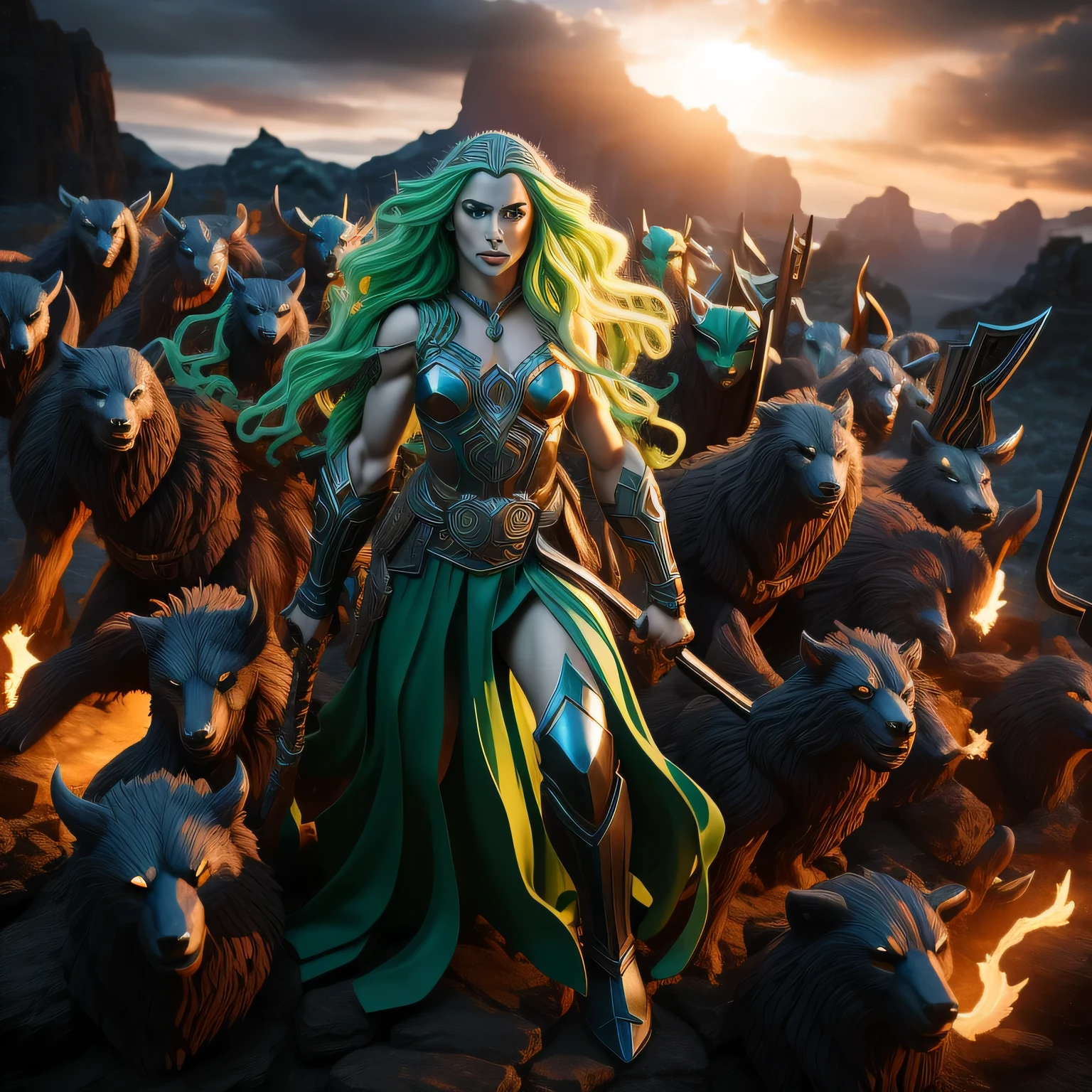 Arte de qualidade , Todo, daughter of Odin and goddess of the kingdom of the dead in all her glory with her army of shadow knights in Asgard, detailed action pose,pose de vilã, saindo raios verdes do seu corpo