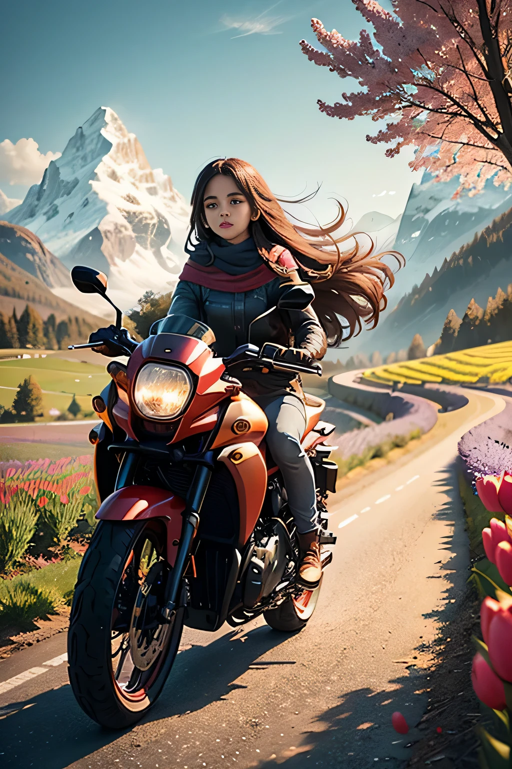1. Ultra detailed: A young girl, aged fourteen, with long, luscious brown locks that flow behind her in the wind, is depicted in a stunningly realistic photograph as she skillfully maneuvers her sleek red Honda motorcycle at high speed along a broad, picturesque highway. The scene is set amidst a vibrant lavender field, dotted with trees in full bloom and a riot of red and yellow tulips, creating a breathtaking contrast against the backdrop of the serene landscape. In the distance, Swiss-style buildings nestle at the foot of the towering, icy Alps, their warm, inviting hues a stark contrast to the regal