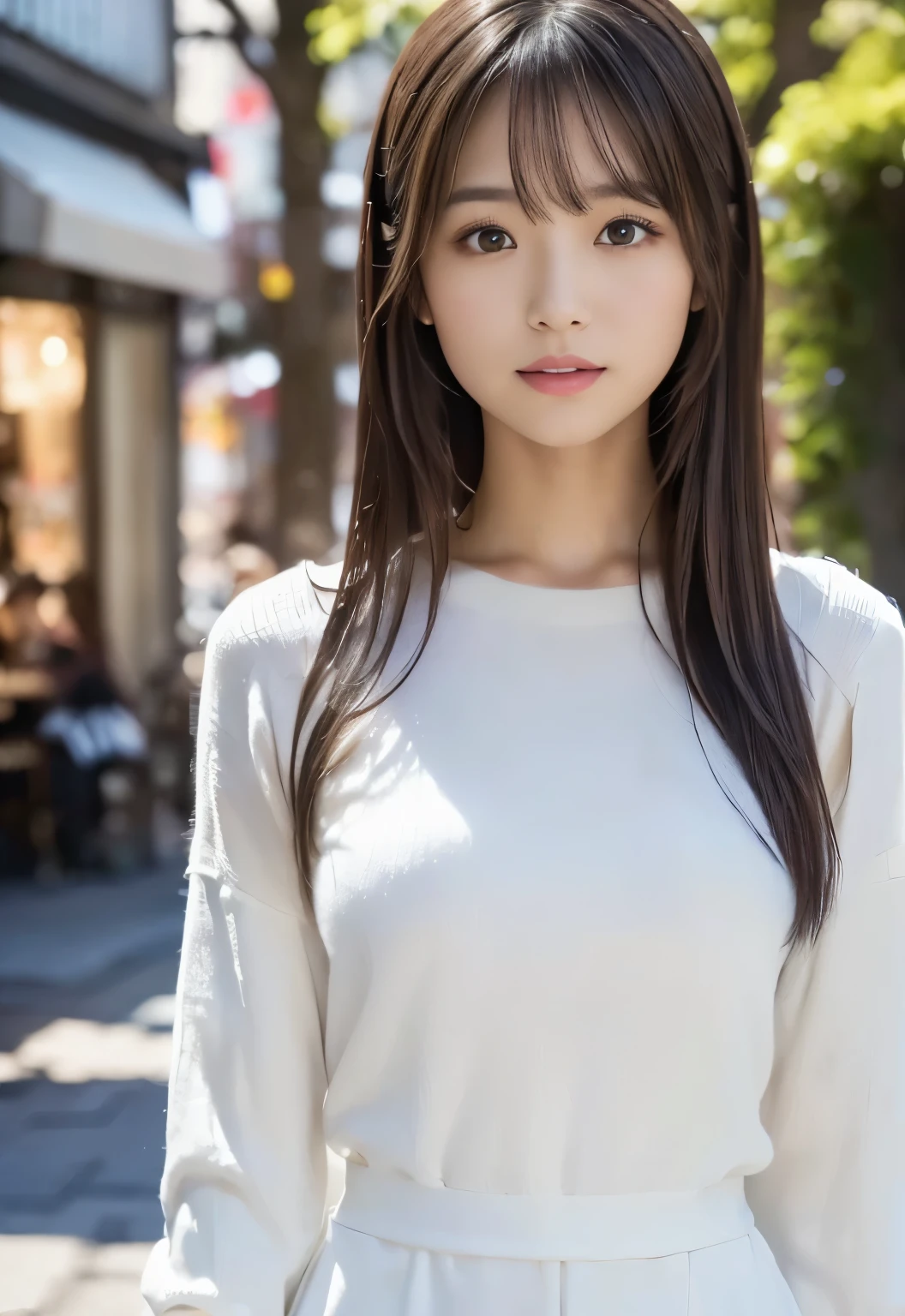 (((Cafe:1.3, outdoor, Photographed from the front))), ((long hair:1.3, white knit, japanese woman,cute)), (clean, natural makeup), (highest quality, masterpiece:1.3, 超High resolution), (Super detailed, caustics), (realistic:1.4, RAW shooting), very detailed, High resolution, 16K resolution