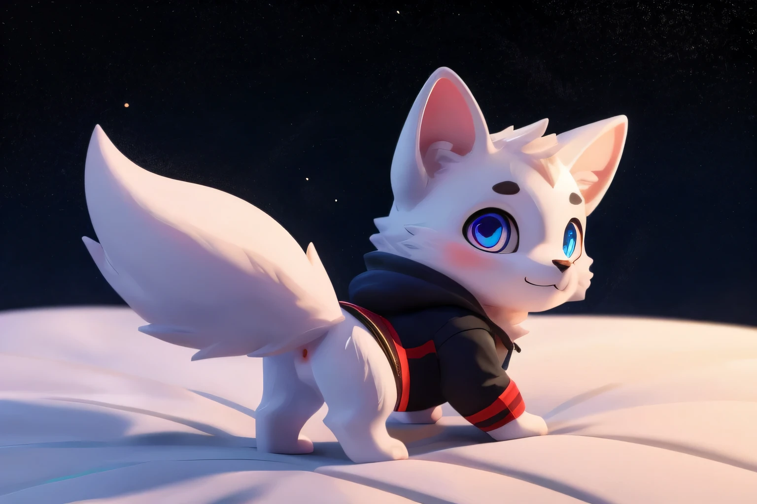 (((wilderness))), ((charming小蓝狐, already, young)) have different colored eyes， chibi， charming，Shy, blush, logo design， Caralready， movie lighting effects， ((3D vector art))， Cute and quirky， fantasy art， Bokeh， Hand Painted， digital painting， soft light， Isometric风格， 4K resolution， photorealistic rendering， High level of detail cleaning， vector image， A lifelike masterpiece， Professional photography， simple space background， Flat white background， Isometric，Vibrant vector, vaginal, hoodie, bottomless pit, Fine hairs, Anisotropic fur gloss, ((subsurface scattering)), on the bed, ((The body is very wide)), ((Animal genitalia)), [[vein]], (on all fours), ((Show rear)), [anus], big tail, ((Striped knee-length socks))