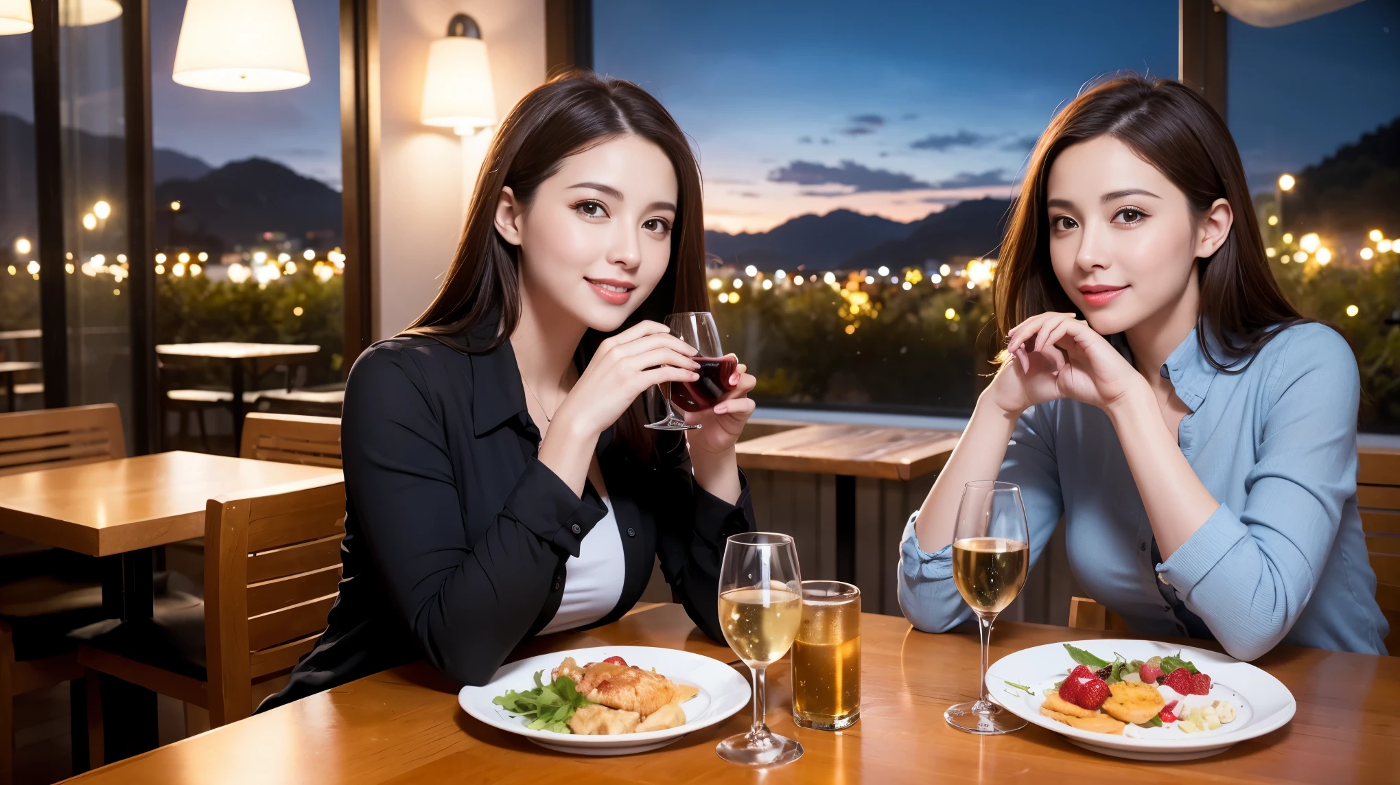 K, Hmm, highest quality, masterpiece: 1.2), (realistic, photorealistic: 1.37), Spectacular view of the sunset sky and clouds、Amazing mountain views、3 slim beauties, (slim face),Happy、 the best smile、Fox face、Berry Short、(because I'thin), (brown hair), (shortcut), long sleeve shirt、winter fashion、Colombian、Brazilian、Japanese、Dutch、German、Portuguese、Belgian、Italian、French,Champagne、sparkling wine、 (squirt), (slim body), (brown hair), (shortcut), neat beauty、cheeks turn a little red, (41 years old), 38 years old, alone, A beautiful and detailed night view spreads out outside the window....., restaurant, wine glass is sitting, At night, in a prominent place (from the Upper body) nova frog style, actress, model, Upper body, White wine, slim, wine glass, Very beautiful night view, wine glass Put in the Middle, Happy smile, (smile: 1.15),