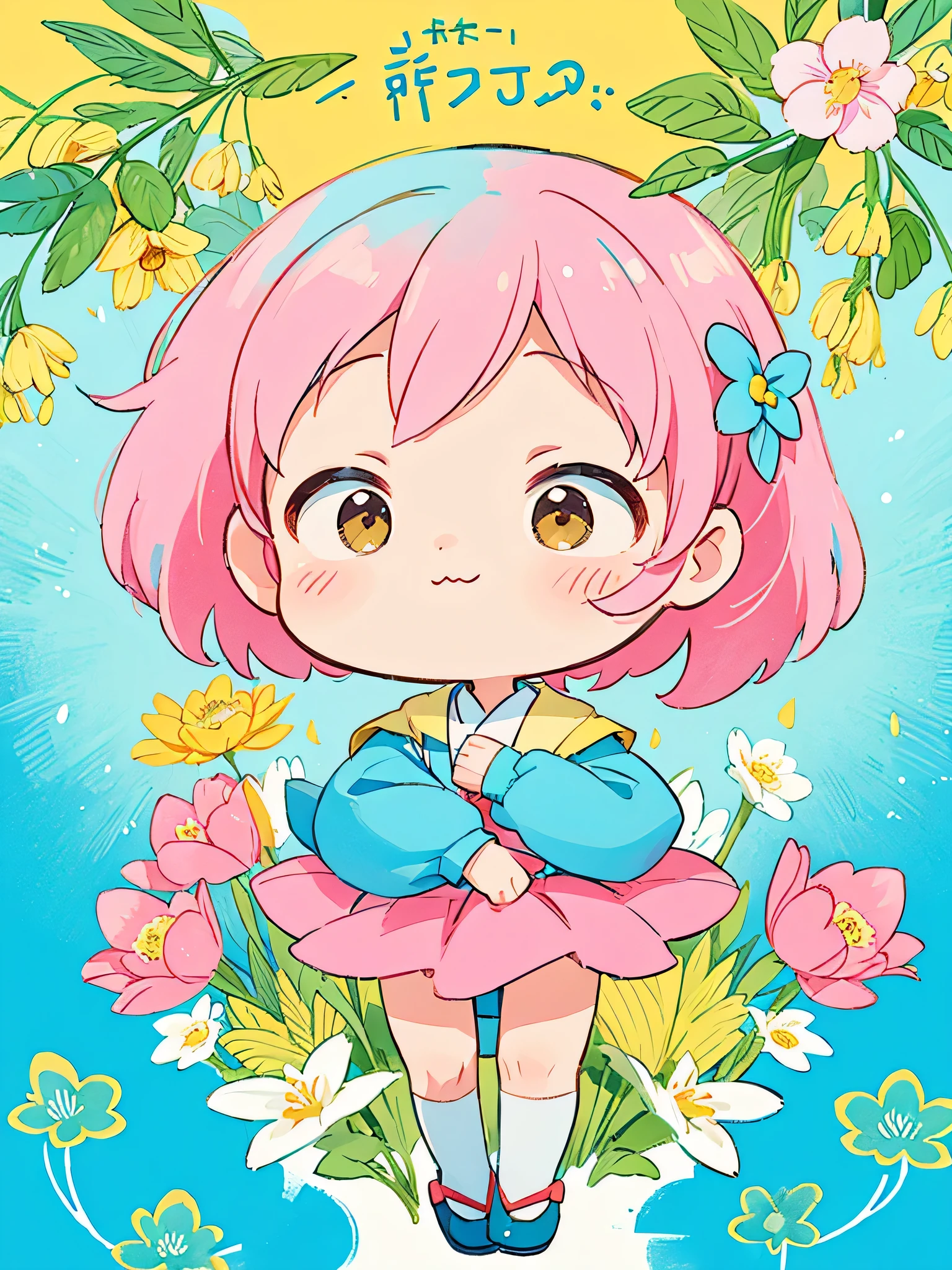 Osamu Tezuka, Kawaii Design, most beautiful girl ever、Chibi、colorful flowers、beautiful spring afternoon、birdie、 (((highest quality))), ((Detailed details)), ((masterpiece))、((Super detailed))