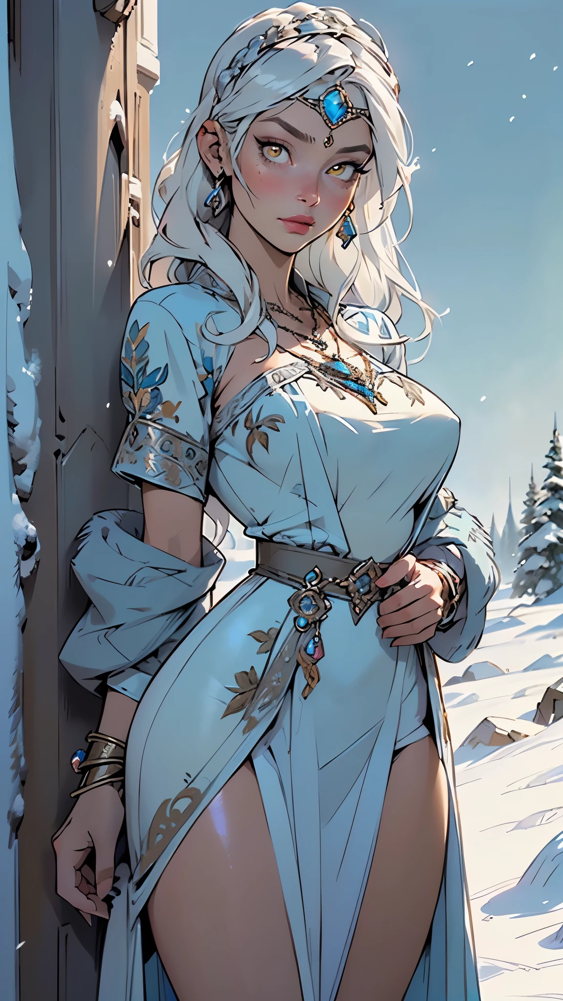 woman,1female,((milf,mom,mature,mature woman,45 years old female,adult)),(large breasts:1.5),saggy breasts,(((white hair:1.4,straight hair,long hair:1.4,colored inner hair))),((yellow_eyes:1.3)),intricate eyes,beautiful detailed eyes,symmetrical eyes,((((dark skin:1.4,lustrous skin:1.5,bright skin: 1.5,skin tanned,shiny skin,very shiny skin,shiny body,illuminated skin)))),(spider lower abdomen,narrow waist,wide hip,bimbo body,inflated legs,thick thighs,delicate detailed fingers),(((detailed face))),
cute,slutty,sensual,seductive look,seductive,((erotic)),opulent,sumptuous,longingly,((nsfw)),
queen,goddess,fantasy,(beautiful nordic clothes,light blue silk),((strapless light blue dress,very long light blue skirt,light blue dress)),(light blue clothes),(((necklace with an amulet,intricate necklace,nordic jewelry,detailed outfit,silver headdress with precious stones))),cleavage,((eyeshadow,elegant makeup,eyelid makeup, lipstick)),((Transparent cloth:1.1)), (((Sexy blue fur coat, blue fur coat outfit, wearing a blue fur coat:1.3,winter blue coat))),silver bracelets,(((intricate outfit,intricate clothes,embroidered outfit,ornate outfit,embroidered clothes,ornate clothes))),
(dynamic pose:1.0),embarrassed,(centered,scale to fit dimensions,Rule of thirds),
((Asgard in the snow)),scenery:1.25,((intricate scenery)),((Asgard in the snow background)),(Asgard:1.5),
(Glossy nordic ornaments),highres,sharp focus,(ultra detailed,extremely detailed),(photorealistic artwork:1.37),(extremely detailed CG unity 8k wallpaper),(((vibrant colors,vibrant theme))),(intricate),(masterpiece),(best quality),artistic photography,(photography taken by sldr),(intricate background),perfect rendered face,perfect face details,realistic face,photo realistic,((intricate detail)),(((realism))),
((baby face,intense colors)),