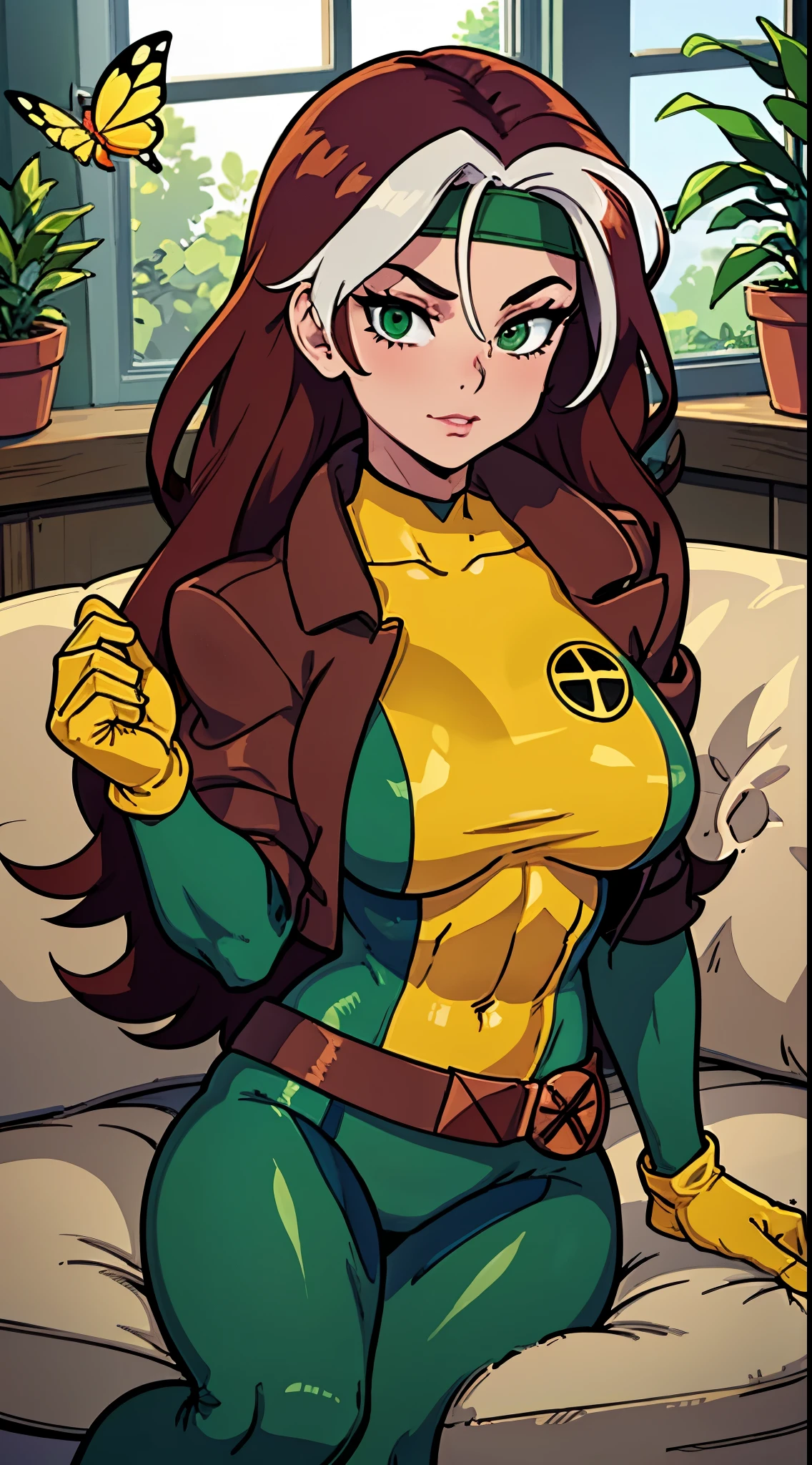 (masterpiece, best quality:1.2), classicrogue, 1girl, solo, long hair, breasts, smile, large breasts, brown hair, green eyes, jacket, big hair, white hair, multicolored hair, parted lips, open clothes, belt, two-tone hair, open jacket, lips, bodysuit, covered navel, makeup, muscular, headband, abs, skin tight, multicolored clothes, muscular female, dyed bangs, multicolored bodysuit, green bodysuit, yellow bodysuit, butterfly, bug, window, sitting, indoors, plant, book, laptop, computer, couch, looking at viewer, closed mouth, blurry, blue butterfly, potted plant, building, expressionless, depth of field, book stack, day