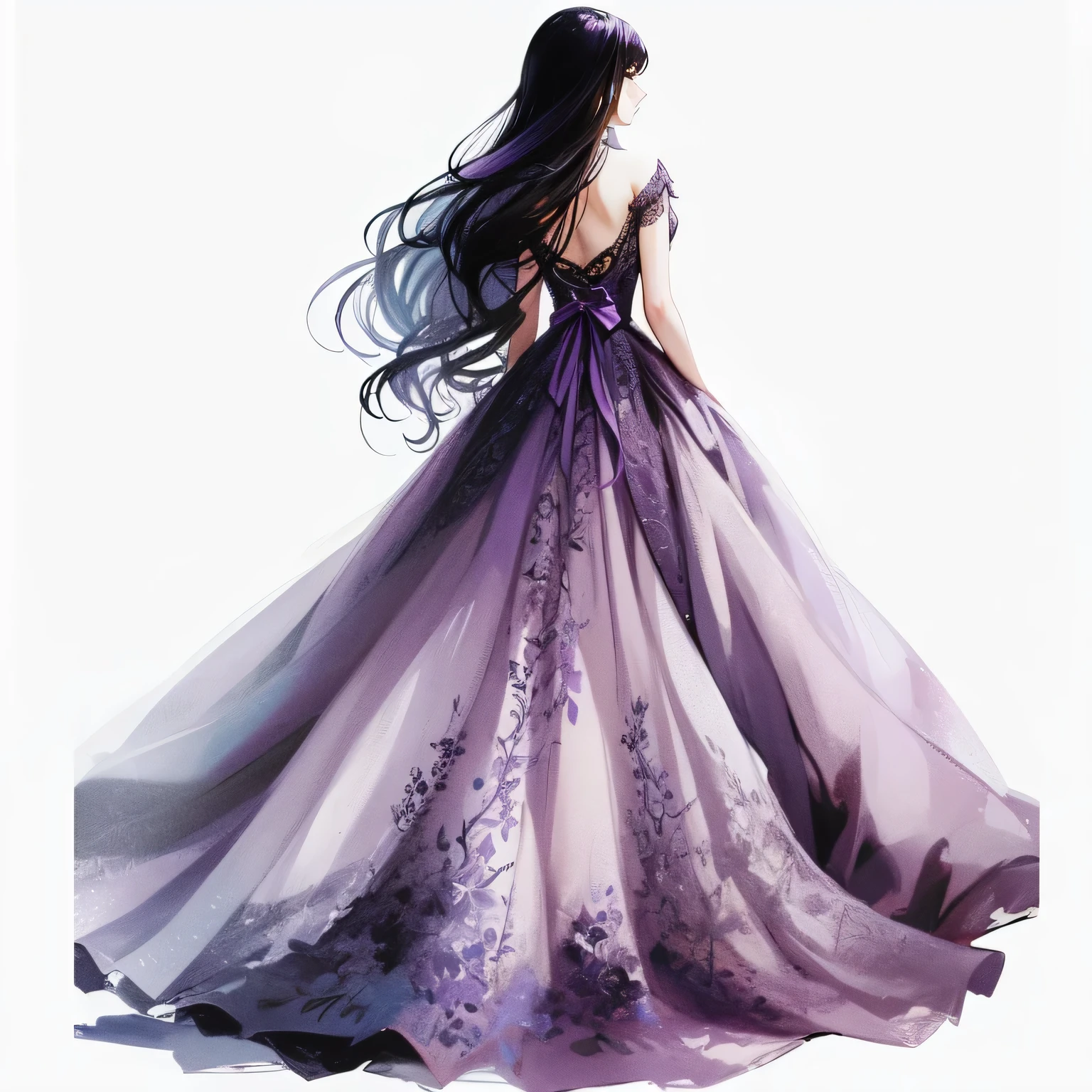 arafed woman in a vestido morado with long hair, vestida con un vestido morado, wearing a magnificent dress, vestida de morado, vestido fluido, usando un vestido elegante, vestido morado, envuelto en morado, Estilo de Charlie Bowater, vestido hermoso vestido, Luxury fashion illustration, Detailed fashion illustration, a beautiful art illustration, wearing a vestido fluido, vestido fluido, ACLARAR color
