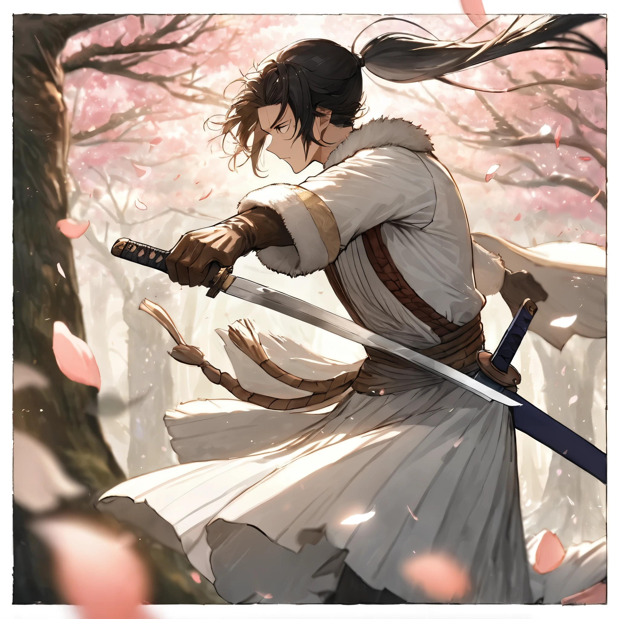 (dress in white),Petals fluttering in the wind, shining swords, helpless expression, anger, fighting with death, very detailed expression, very detailed petals,ponytail, 2swordsman fighting,fight,gongfu,stand in trees, 2swordsman stood in a peach tree forest with petals dancing,petals , detailed ,completing the stable diffusion of serenity and contentment,masterpiece, best quality,masterpiece, best quality, swordman,holding a sword(trees:0.5),(eagle:0.5), (bamboo:0.2) fighting stance, 1man, glowing, solo, weapon, sword, tree, holding, gloves, outdoors, sheath, border, holding weapon, black hair, holding sword, fur trim, looking away,look at view