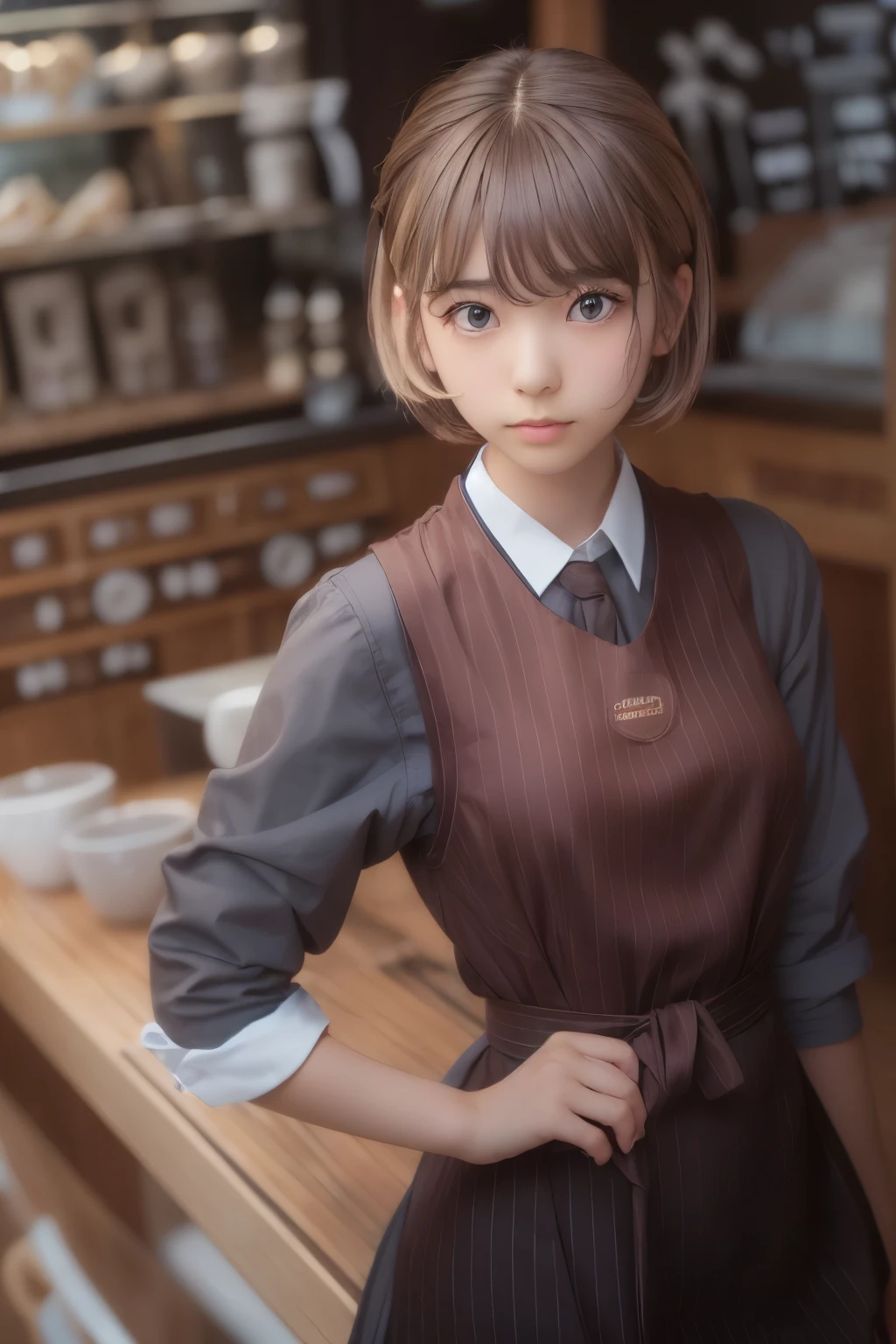 ((sfw: 1.4)),((detailed face)), ((sfw, barista uniform, extra short hair, sidelocks-hair, 1 Girl)), Ultra High Resolution, (Realistic: 1.4), RAW Photo, Best Quality, (Photorealistic Stick), Focus, Soft Light, (()), ((Japanese)), (( (young face))), (surface), (depth of field), masterpiece, (realistic), woman, bangs, ((1 girl))
