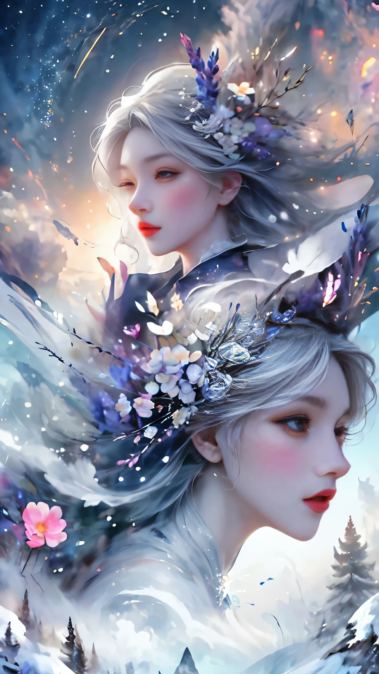 Princess的脸出现在空中,winter scenery,surreal wonderland,dreamy clouds and fairy island,(Big snowflake:1.3),五颜六色的Big snowflake飞舞着,Princess'the palace is covered with snow,The tree of life blooms with infinite vitality..,Twinkling stars in the night sky,Overlapping clouds and fog,quirky fantasy landscape art, Beautiful Art Ultra HD 8K, 8K High-Definition Digital Art, beautiful and detailed fantasy, Magnificent fantasy landscapes, Mysterious and fantastic landscapes, magical fantasy is very detailed, magical landscape, 由Big snowflake和梦幻漂浮的仙女岛组成, detailed fantasy digital art, 8K Detailed Digital Art