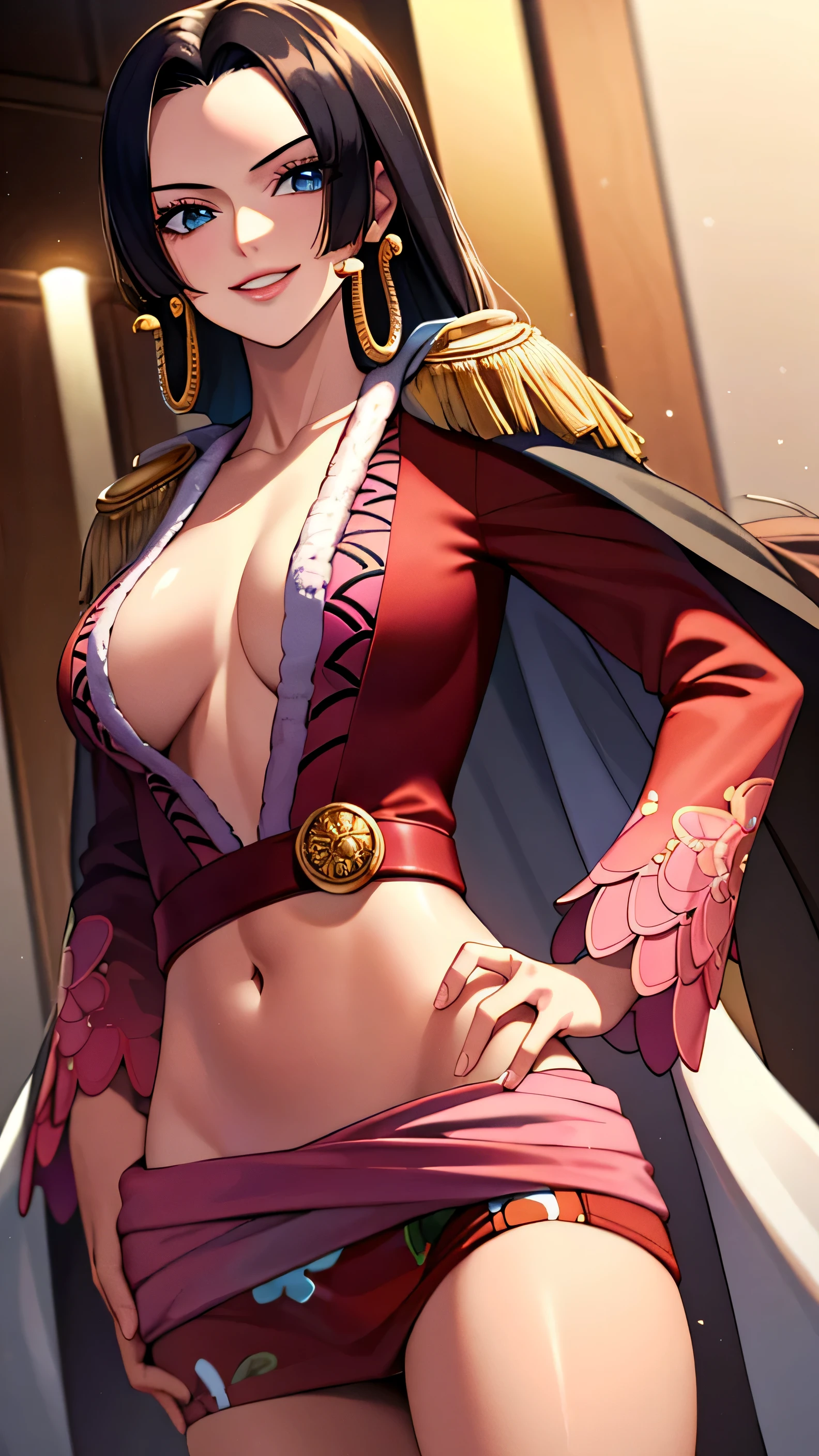 (masterpiece, best quality:1.2), cowboy shot, solo, 1girl, boa hancock, smile, looking at viewer, hand on hip, hodie, epaulettes, jewelry, earrings,