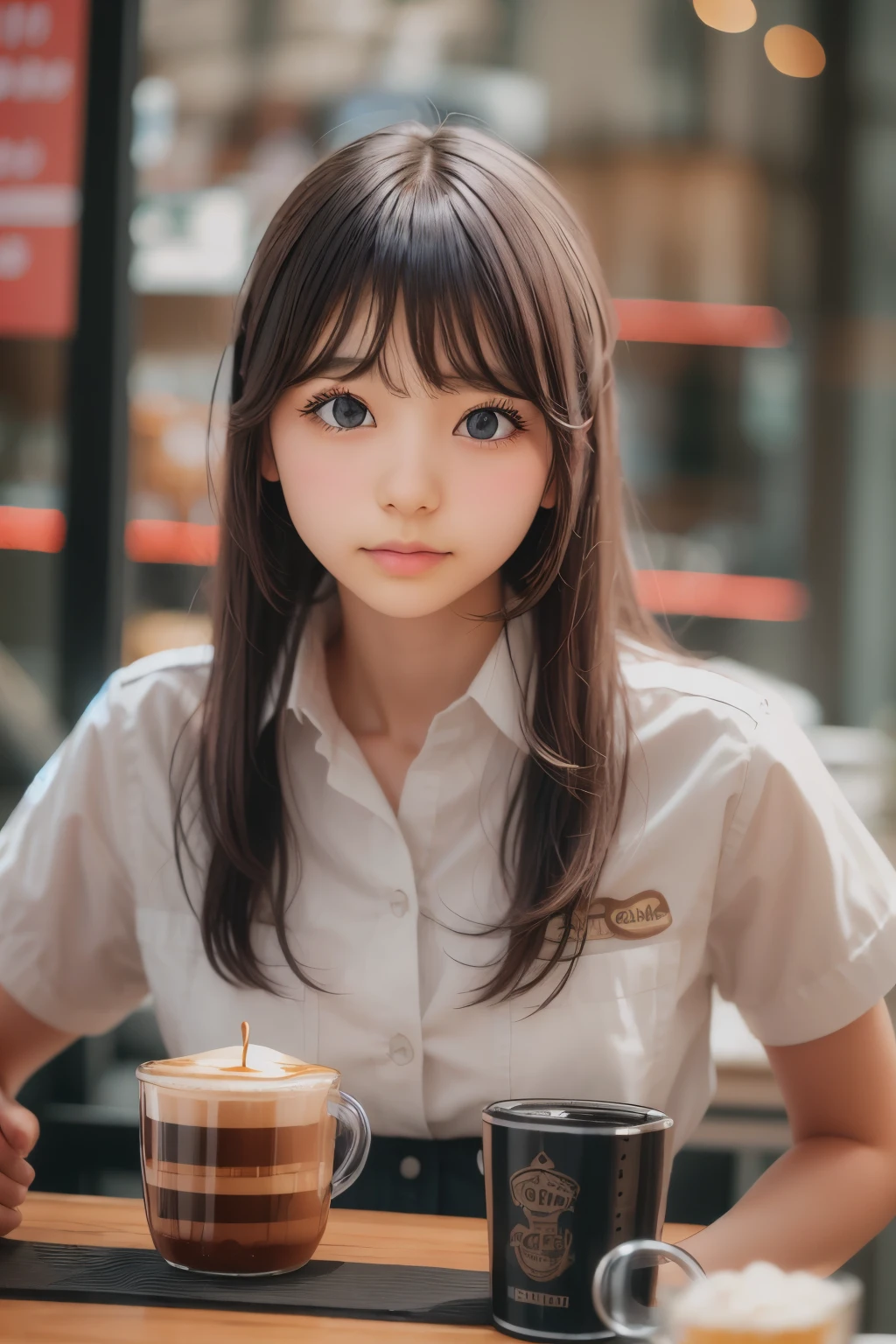 ((sfw: 1.4)),((detailed face, professional photography)), ((sfw, barista uniform, sidelocks-hair, 1 Girl)), Ultra High Resolution, (Realistic: 1.4), RAW Photo, Best Quality, (Photorealistic Stick), Focus, Soft Light, (()), ((Japanese)), (( (young face))), (surface), (depth of field), masterpiece, (realistic), woman, bangs, ((1 girl))