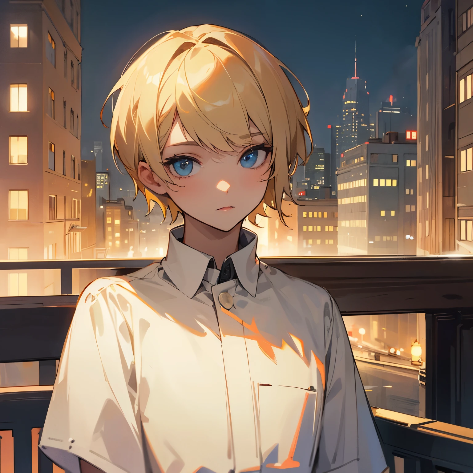 1boy,Faraway view,Golden hair,pony tails,blue color eyes,the night,Rainy days,city neon light
