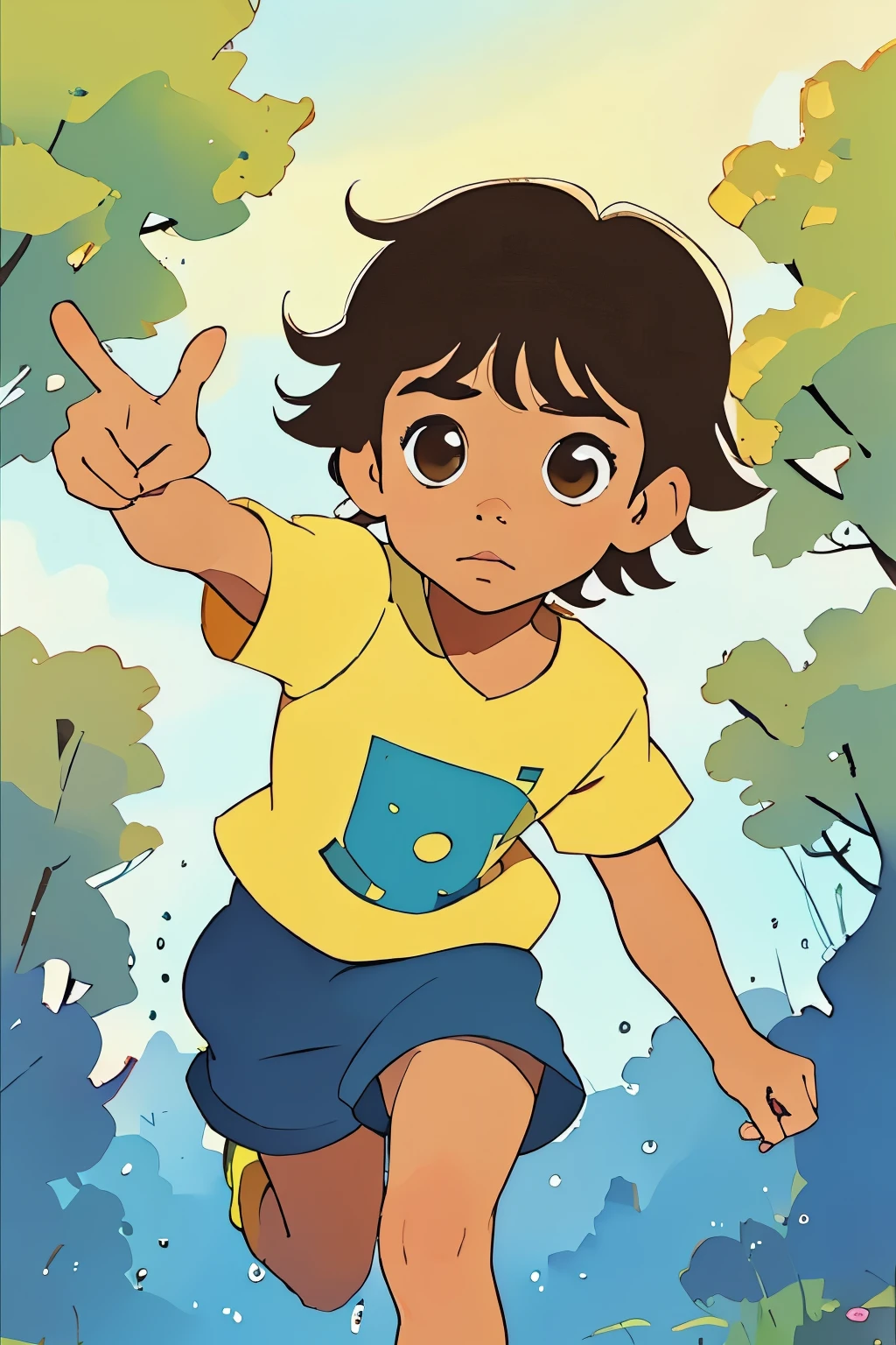 8 year old "boy" wearing the clothes of the character Diego from the kids animation Dora the Explorer, falling in the park. The image must be a water color drawing, artsy style. Must have a well define face, cute brown eyes, cute nose, cute lips, adorable cheecks, not blurry or desfigured, brown hair. Accurate facial proportions acording to the position of the face. His clothes must be simple, without any image on his tshirt. We must be able to see her whole body. Proportional size to a real 8th year old boy. Two legs, two arms, five fingers in each hand. Full boy.