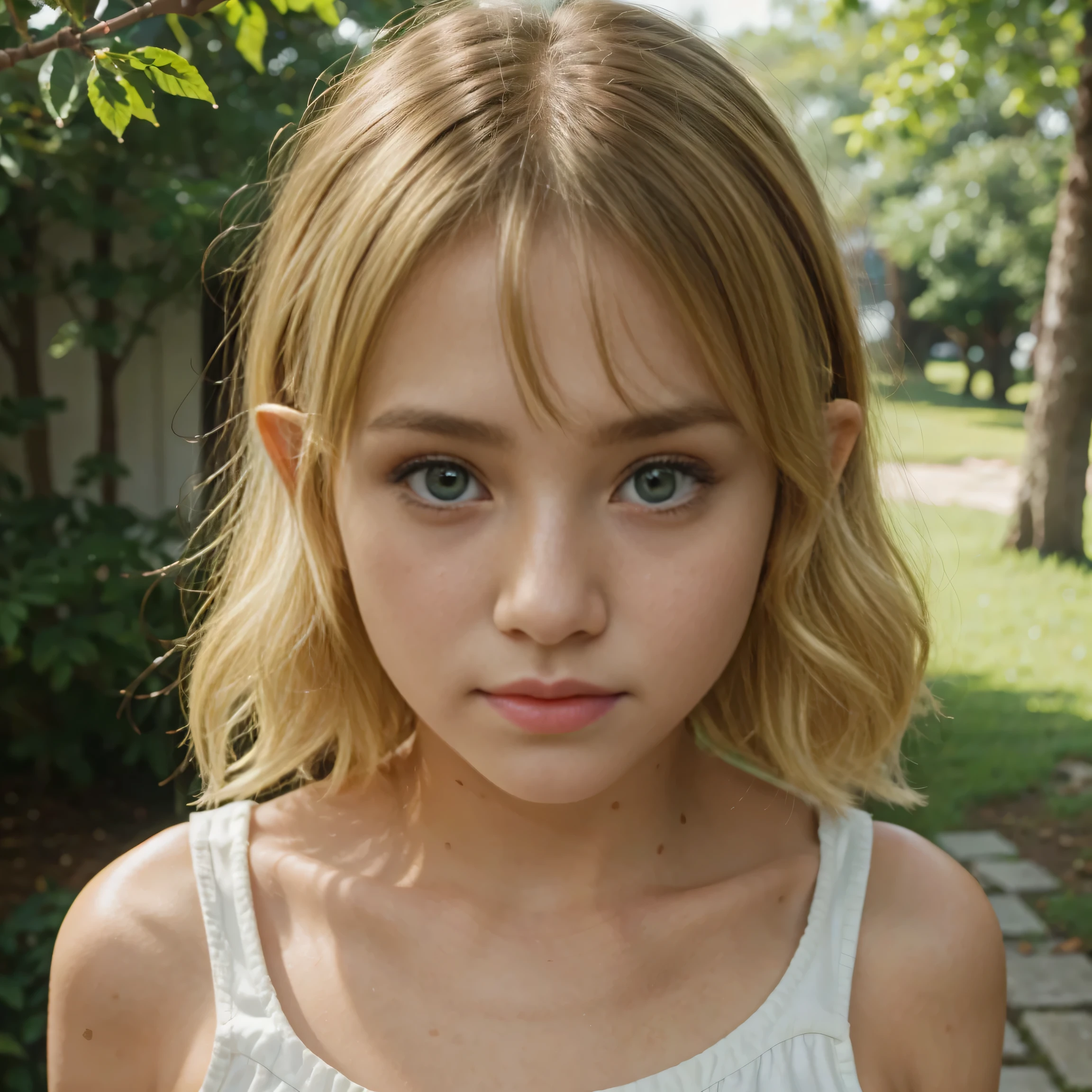 girl、elf girl、bright green eyes、blonde perm shortcut、white skin、
