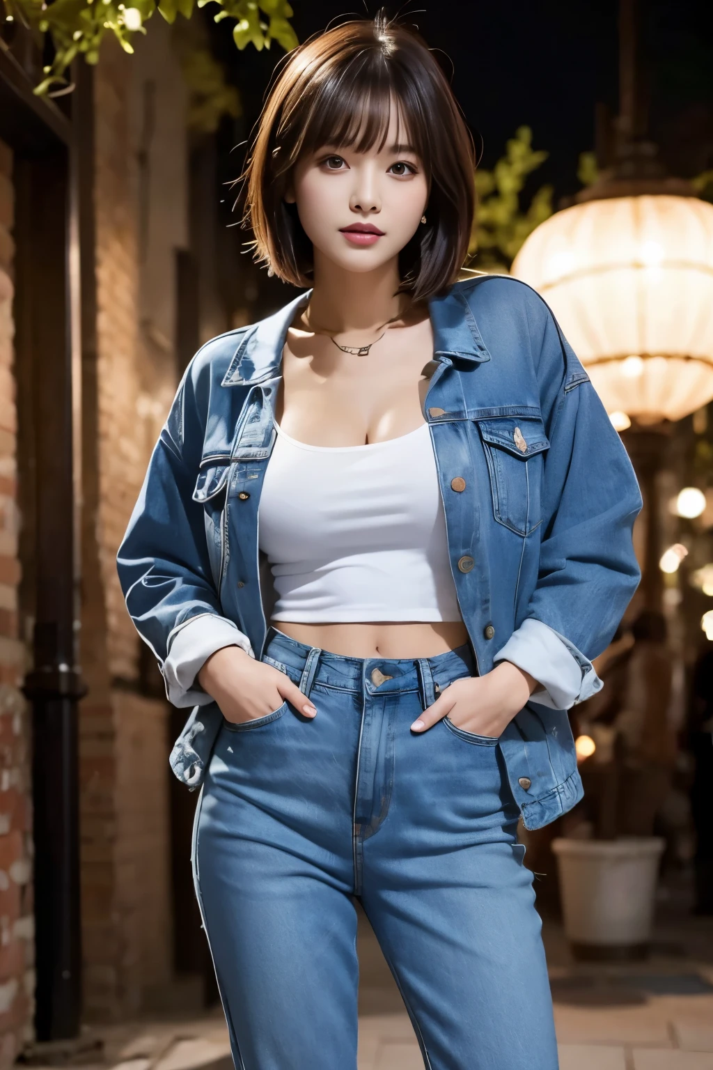 denim pants:1.3, slightly bigger breasts:1.2, Jacket, medium bob