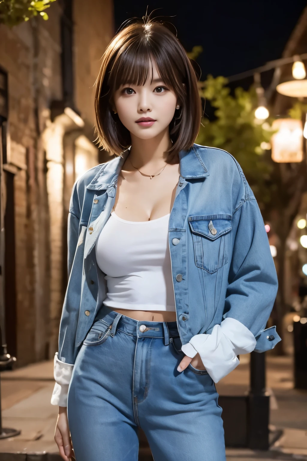 denim pants:1.3, slightly bigger breasts:1.2, Jacket, medium bob