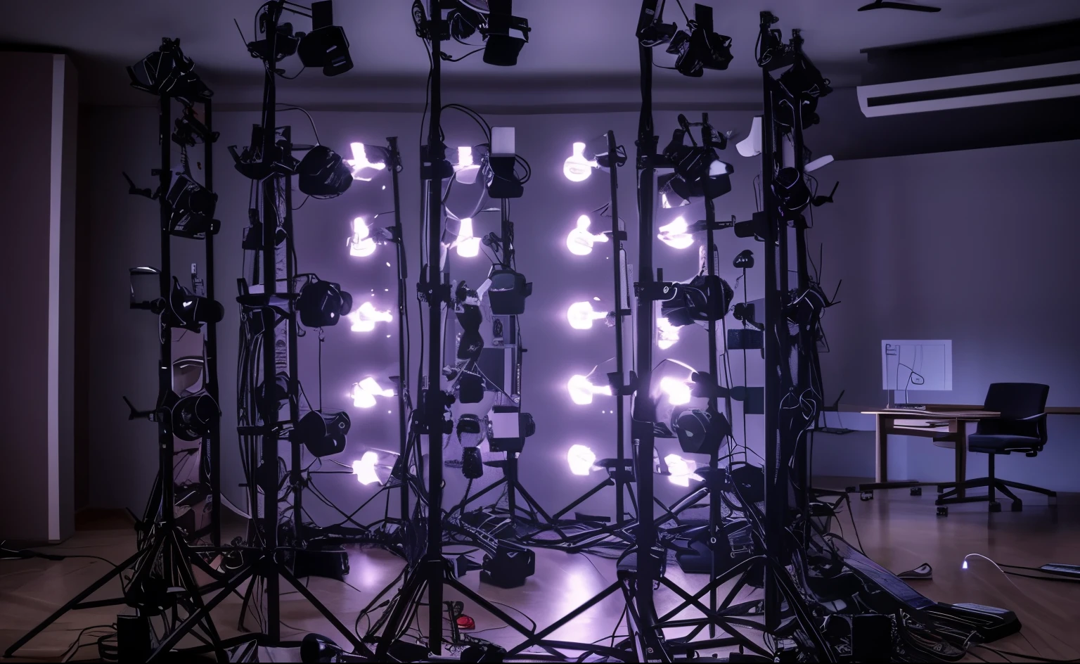 There are many lights on the shelves in the room, motion capture系统, halo array, movie lighting, motion capture, Beautiful studio lighting, Studio diffuse lights, Volumetric Studio Lighting, 4k studio lighting, many light sources, Dark cables hanging from the ceiling, 8K Volumetric Lighting, product lighting. 4k, Hyperrealistic lighting studio