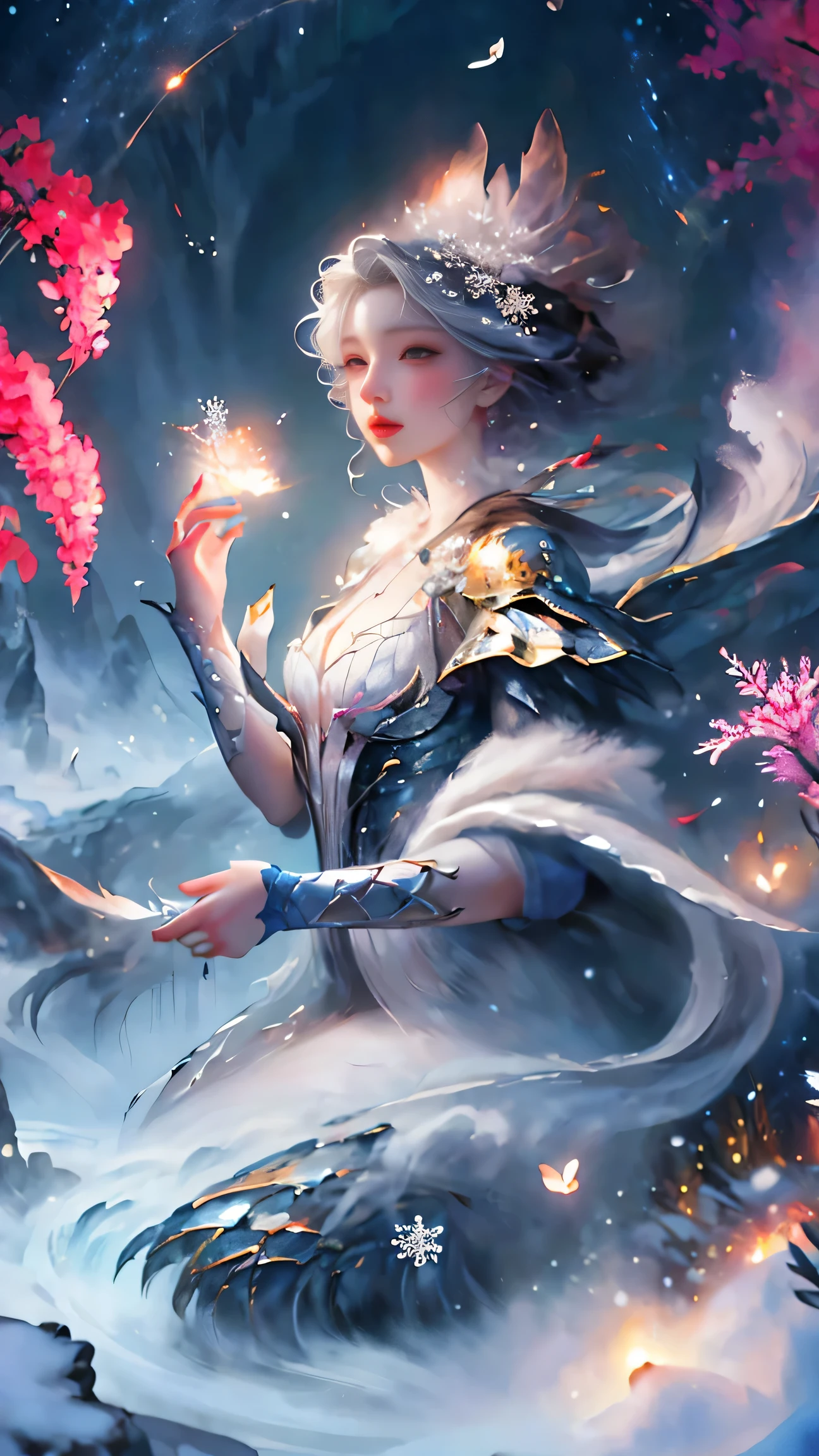 Princess的脸出现在空中,winter scenery,surreal wonderland,dreamy clouds and fairy island,(Big snowflake:1.3),五颜六色的Big snowflake飞舞着,Princess'the palace is covered with snow,The tree of life blooms with infinite vitality..,Twinkling stars in the night sky,Overlapping clouds and fog,quirky fantasy landscape art, Beautiful Art Ultra HD 8K, 8K High-Definition Digital Art, beautiful and detailed fantasy, Magnificent fantasy landscapes, Mysterious and fantastic landscapes, magical fantasy is very detailed, magical landscape, 由Big snowflake和梦幻漂浮的仙女岛组成, detailed fantasy digital art, 8K Detailed Digital Art