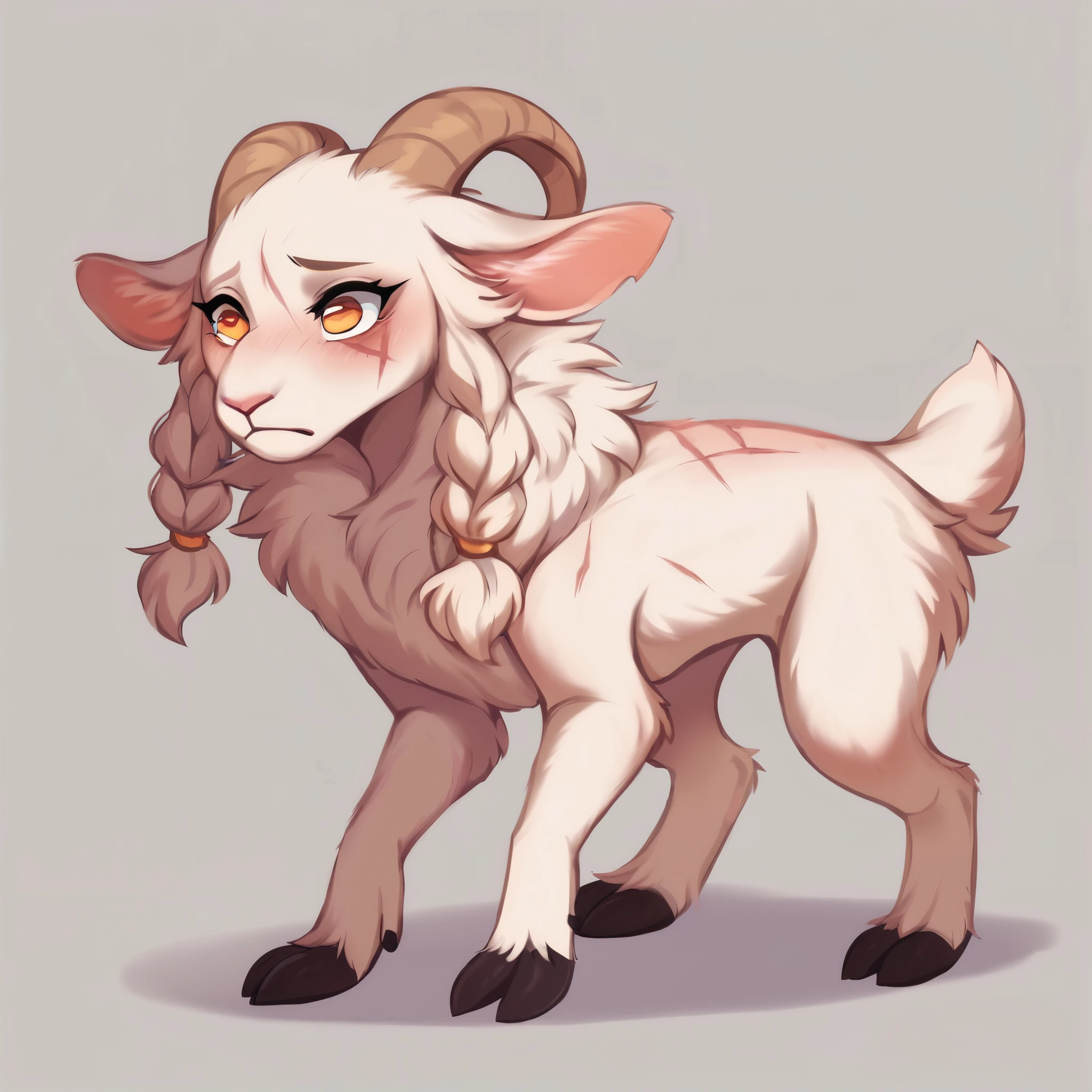 score_9, score_8_up, score_7_up, score_6_up, score_5_up, score_4_up, show accurate, full body, simple background, feral goat, female goat, skinny goat, white fur, albino fur, single color fur, age goat, adorable face, goat horns, goat pupil, golden eyes, head up, shy look, terrified look, mane covering the neck, mane on the back of the neck, small braids in her hair and mane, standing on all fours, scars all body, long scars, scars on the face,