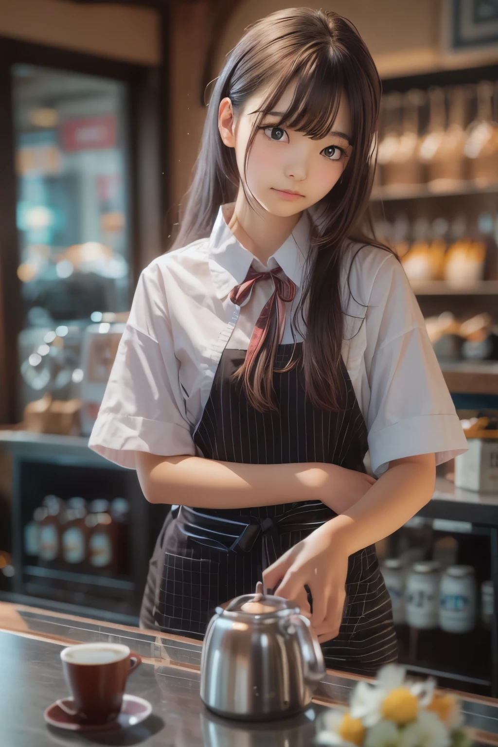 ((sfw: 1.4)),((detailed face, professional photography)), ((sfw, barista uniform, sidelocks-hair, 1 Girl)), Ultra High Resolution, (Realistic: 1.4), RAW Photo, Best Quality, (Photorealistic Stick), Focus, Soft Light, ((15 years old)), ((Japanese)), (( (young face))), (surface), (depth of field), masterpiece, (realistic), woman, bangs, ((1 girl))
