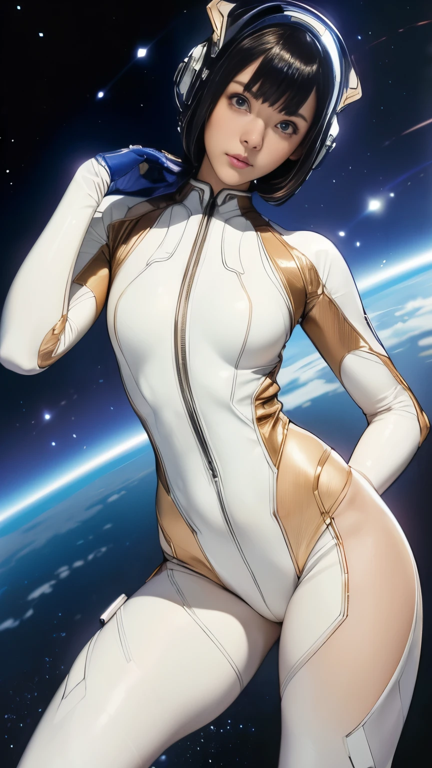 (masterpiece、highest quality、highest resolution、clear_image、Detailed details): (full body figure、 girl、Japanese face、small face、thin、navy blue super short bob cut hair、blue colored eyes、((navy long sleeve space suit、space helmet))、headset、cosmic handbag、cute type、gentle smile、soft expression、headset、(((knee high boots)))、gloves up to the elbow、eye level shot、face directly、woman on a spaceship), (((camel toe))), ((Pure white leotard))