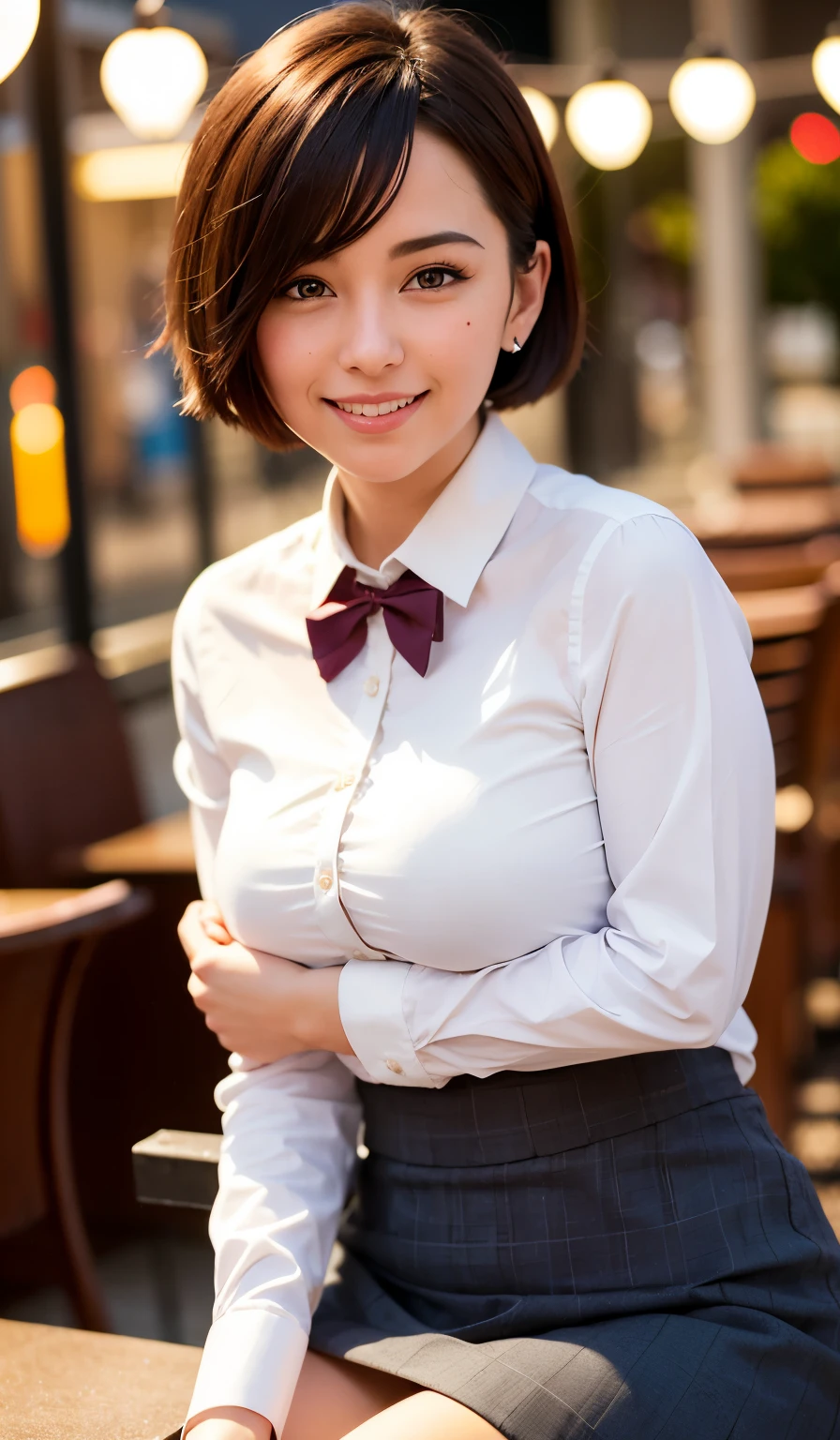 (8K, Raw photo, highest quality, masterpiece:1.2), (realistic, photo-realistic:1.37), Super detailed,
1 girl,cute, alone,beautiful detailed sky,Detailed cafe,night,sitting,date,(blush your nose),(smile:1.1),(closed mouth),big breasts, seductive smile, wide opening, professional lighting, Sony α7R4, Zecy 50mm F1.8,
medium breasts,detailed and beautiful eyes,(collared shirt:1.1), bow tie,pleated skirt,(short hair:1.2),floating hair