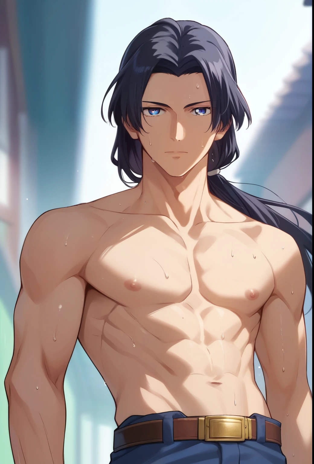 jinshi, long hair, ((BLACK hair)), ((blue eyes)), parted bangs, looking at viewer, low ponytail, solo, sweat, blurry background, topless male, 1boy, BREAK
score_9, score_8_up, score_7_up, score_6_up, anime ((belt))