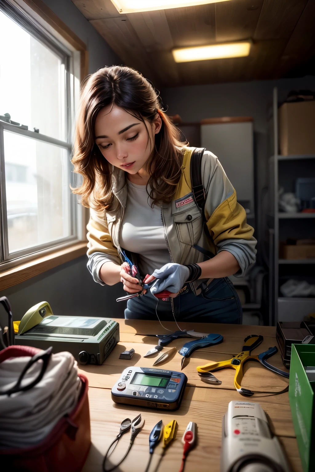 Create a detailed image representing various work tools commonly used by electrical professionals. A cena mostra uma mesa de trabalho organizada, with various tools arranged in an orderly manner and ready for use. No centro da imagem, There are a variety of pliers of different types and sizes, incluindo alicate de corte, alicate de bico e alicate universal. Next to the pliers, there is a high-precision digital ammeter, with an illuminated screen displaying electrical readings. Around the pliers and ammeter, are other essential tools, como chaves de fenda isoladas, chaves de boca, fita isolante, and a multimeter. The lighting in the scene is bright and direct, highlighting every detail of the tools and conveying a feeling of professionalism and readiness for work.
