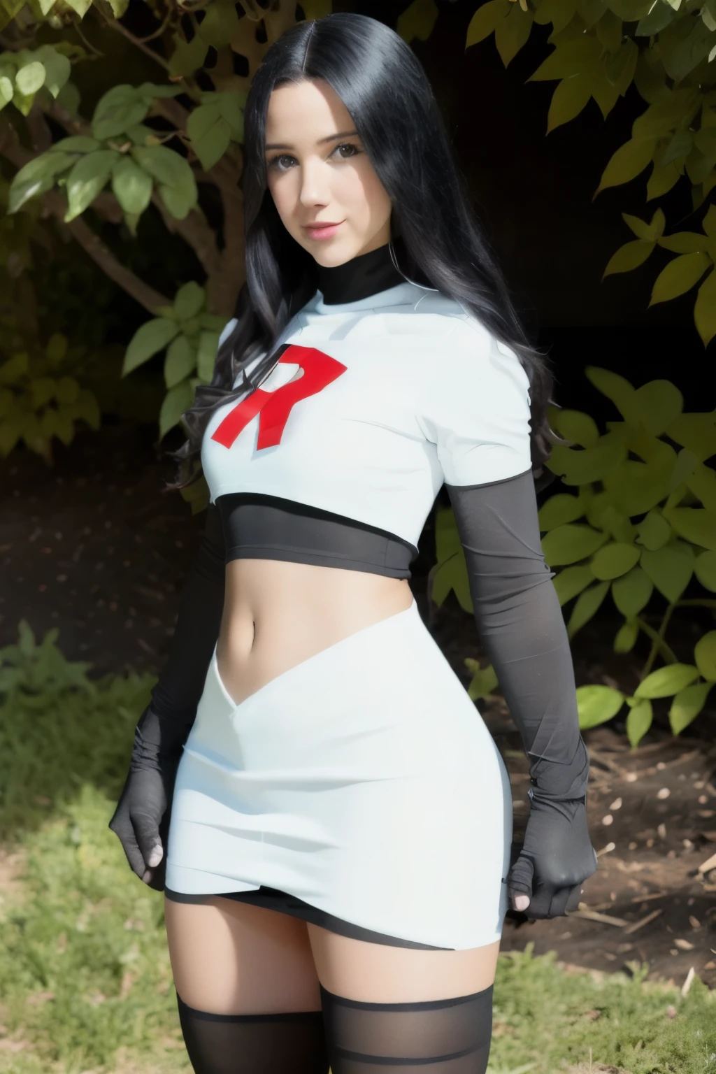 (vanessa),   team rocket,team rocket uniform, red letter R, white skirt,white crop top,black thigh-highs,black elbow gloves, cosplay, 4K, HDR, outdoors, sunny,
 