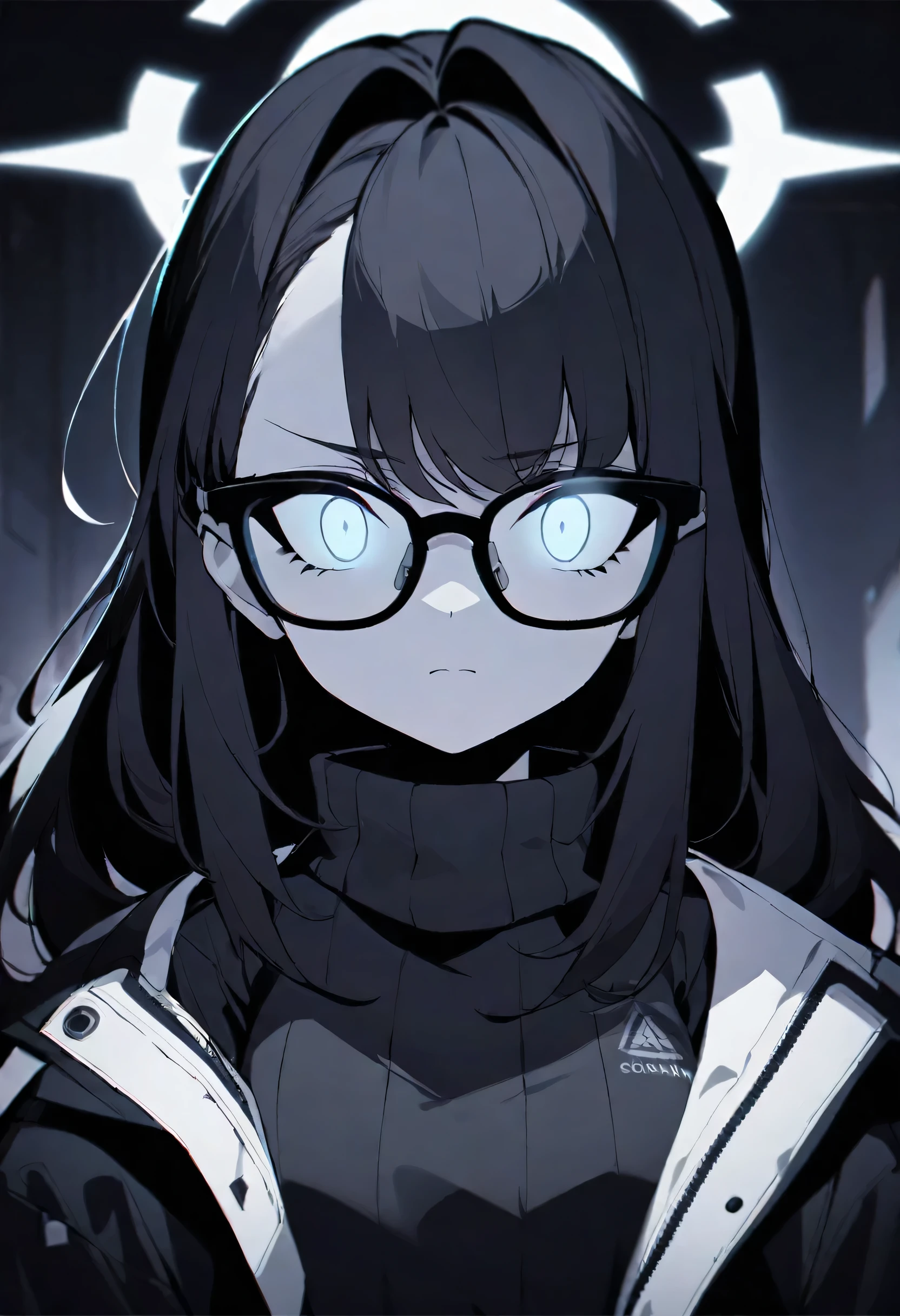 1 girl, Long black messy hair, Wear black glasses, white glowing eyes, blue file, dark style, black and white filter, Medium chest, no emotion, Black Sweater