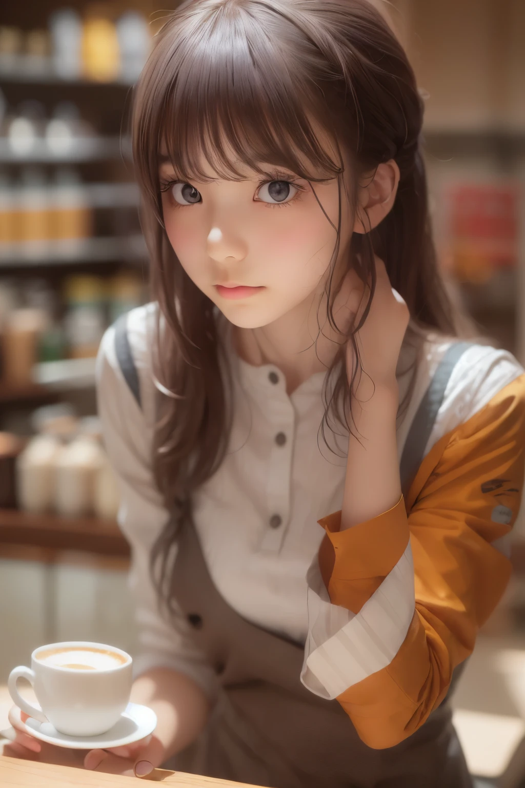 ((sfw: 1.4)),((detailed face, professional photography)), ((sfw, barista uniform, low-ponytail hair, sidelocks-hair, 1 Girl)), Ultra High Resolution, (Realistic: 1.4), RAW Photo, Best Quality, (Photorealistic Stick), Focus, Soft Light, ((15 years old)), ((Japanese)), (( (young face))), (surface), (depth of field), masterpiece, (realistic), woman, bangs, ((1 girl))